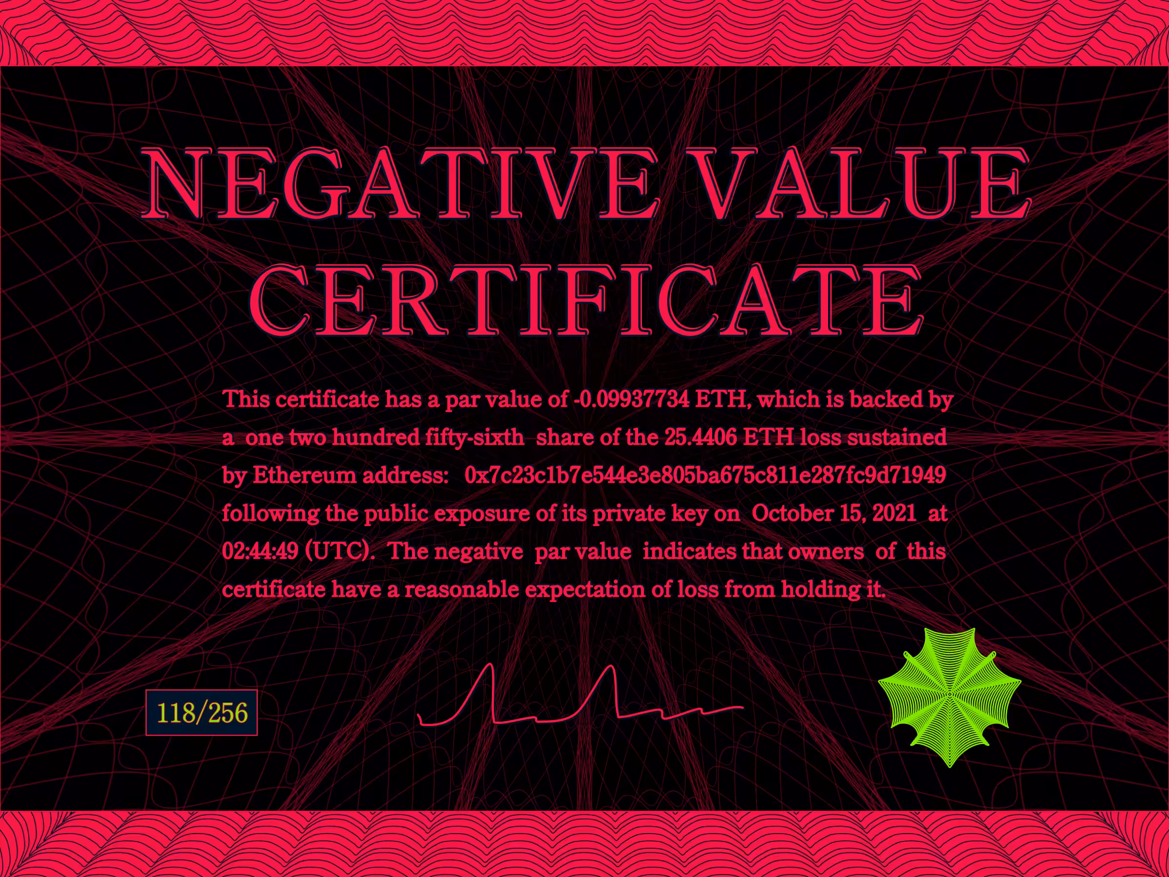 Negative Value Certificate #118 of 256