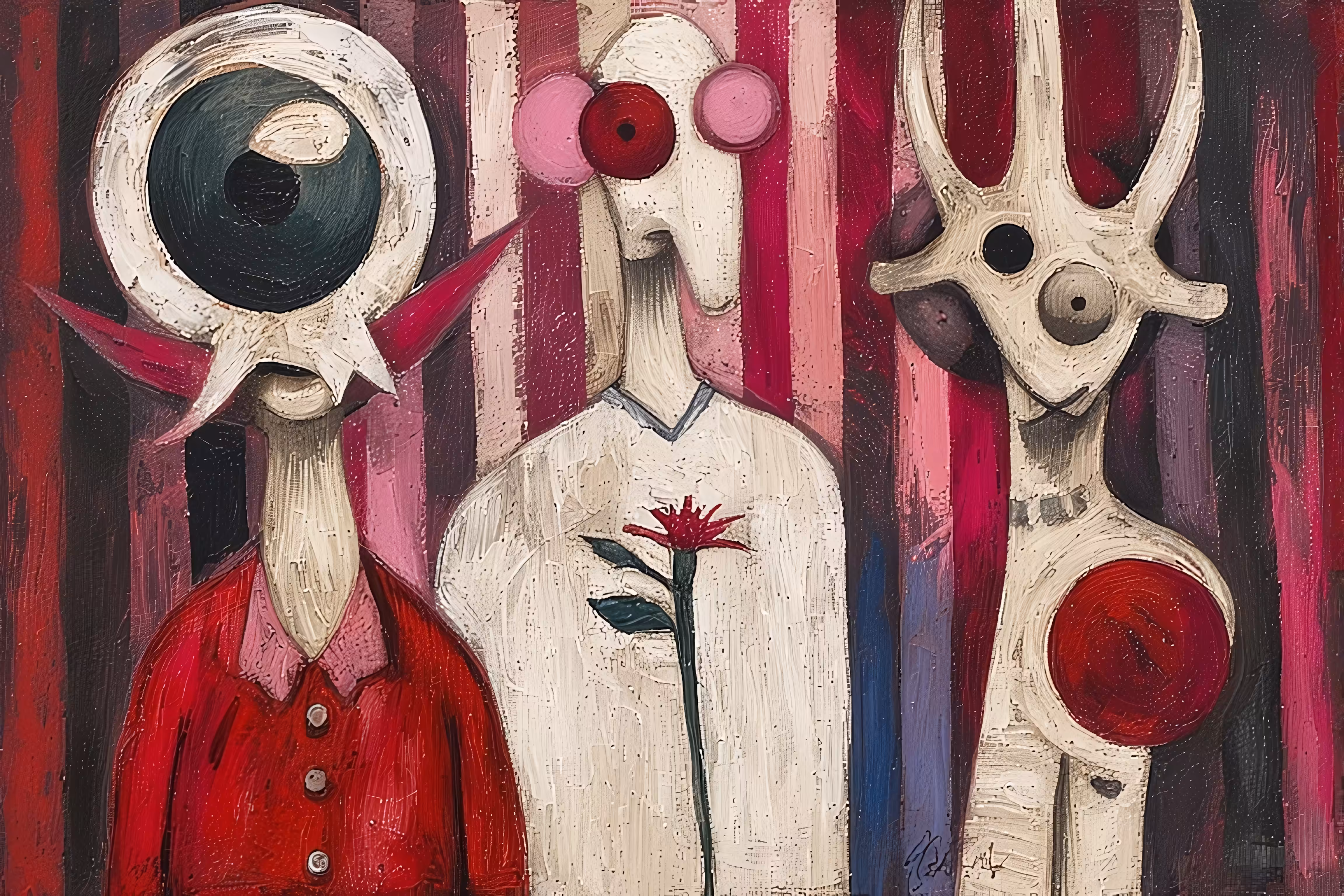 365 Brushstrokes of the Future: Three Figures in Crimson Stripes
