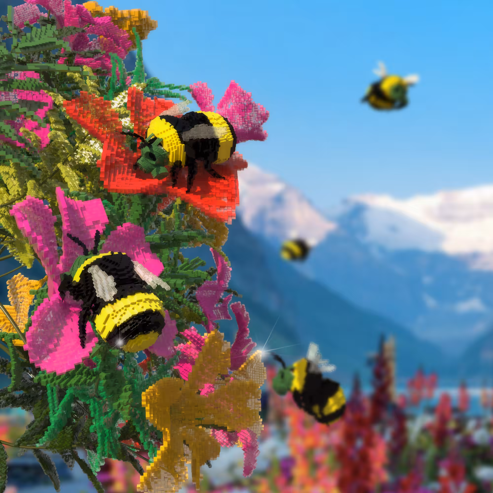 Voxel bumble bees in masks by the mountain. 