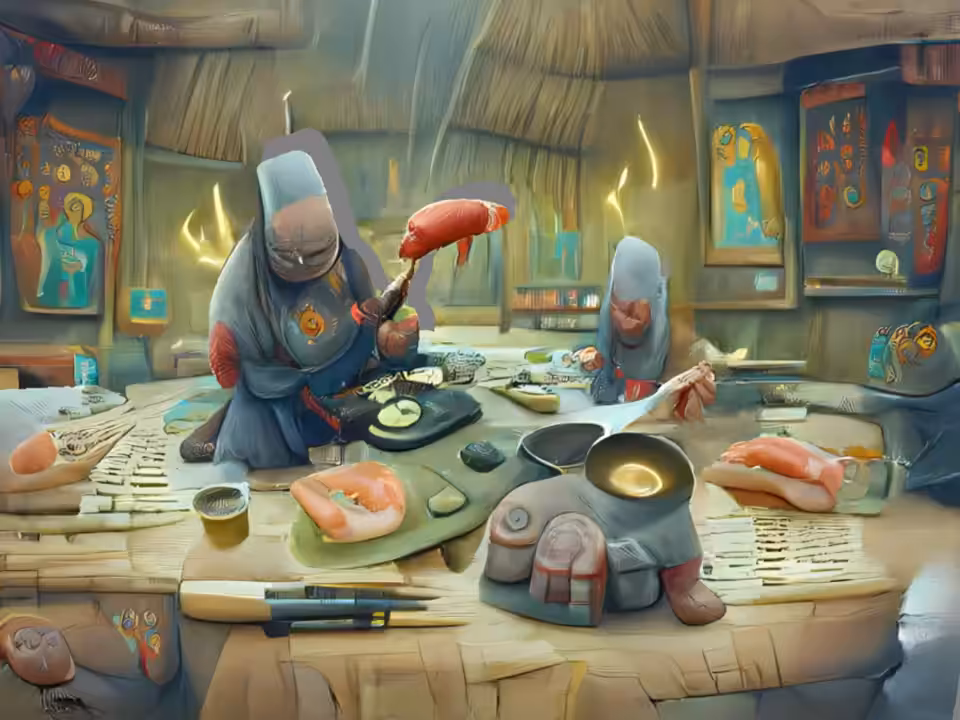 "Authentic shaman making sushi. Painted by Shaun Tan, Ivan Bilibin and Studio Ghibli, trending on ArtStation" - Text -> Image -> Photo3D -> Audio