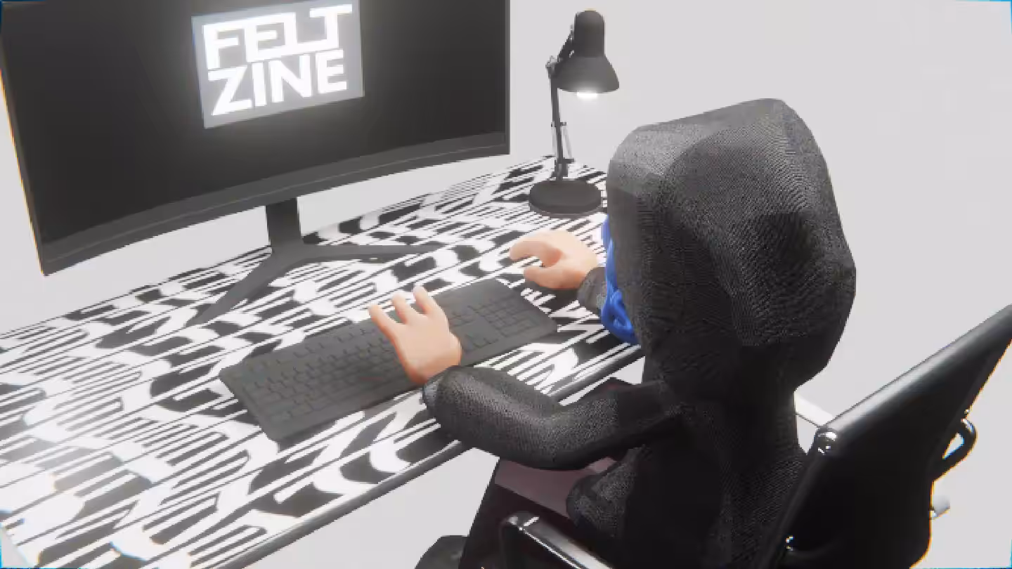 Desktop #131: The Hacker in the Black Slim Chair With a Desk Lamp and a Old School Monitor on a Pattern Table in The Void