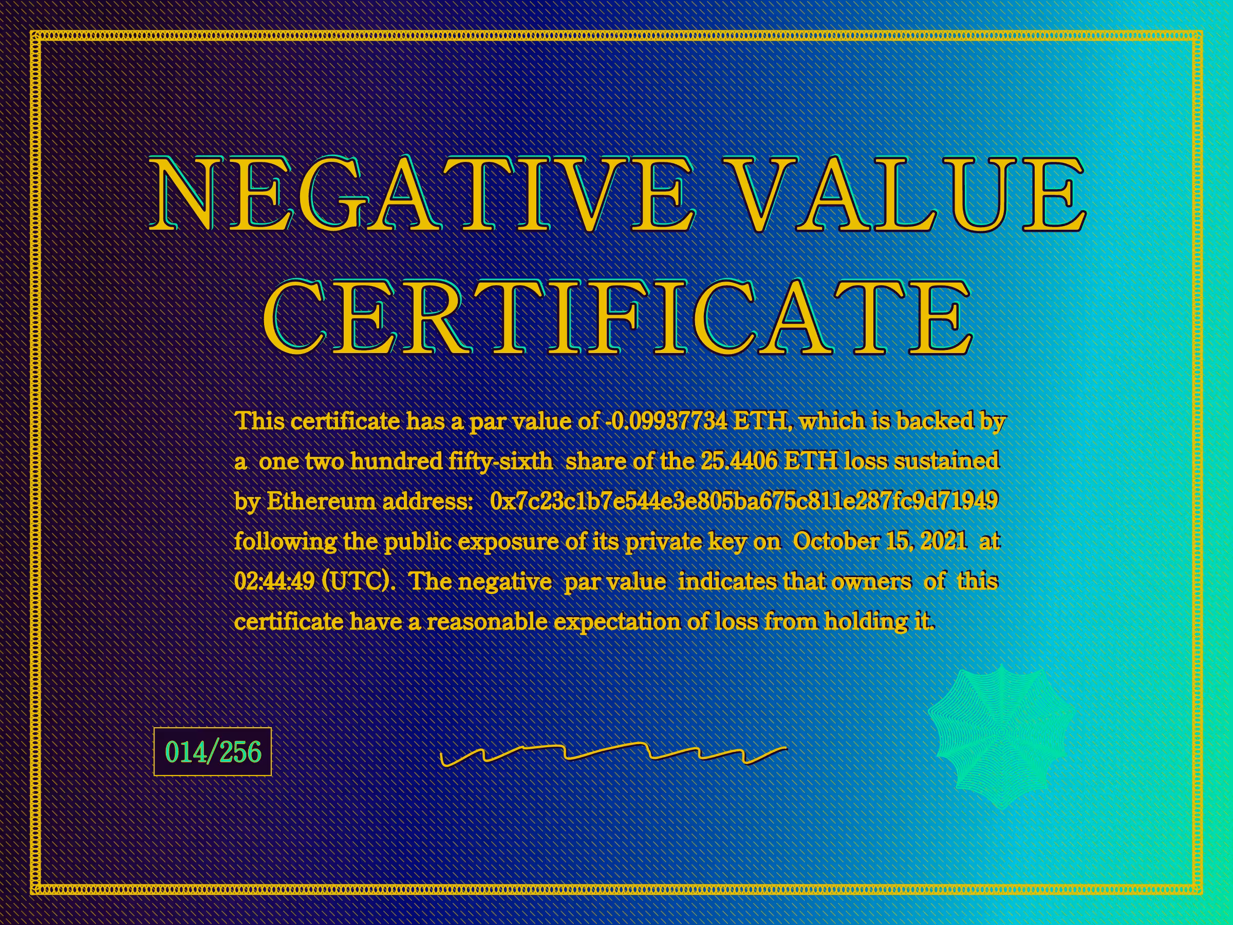 Negative Value Certificate #14 of 256