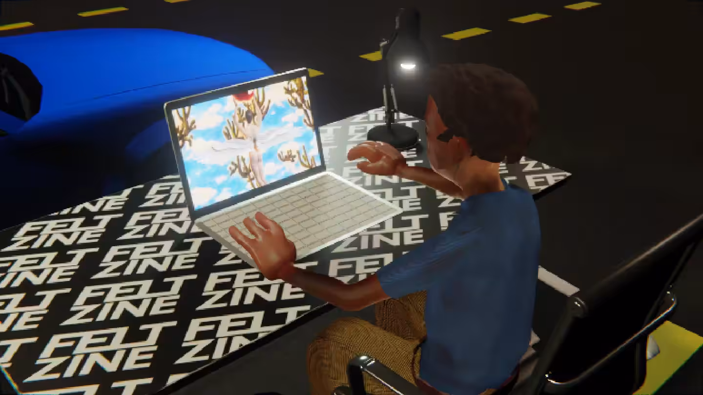 Desktop #245: The Developer in the Black Slim Chair With a Desk Lamp and a Gardens Monitor on a Felt Zine Table in The Streets