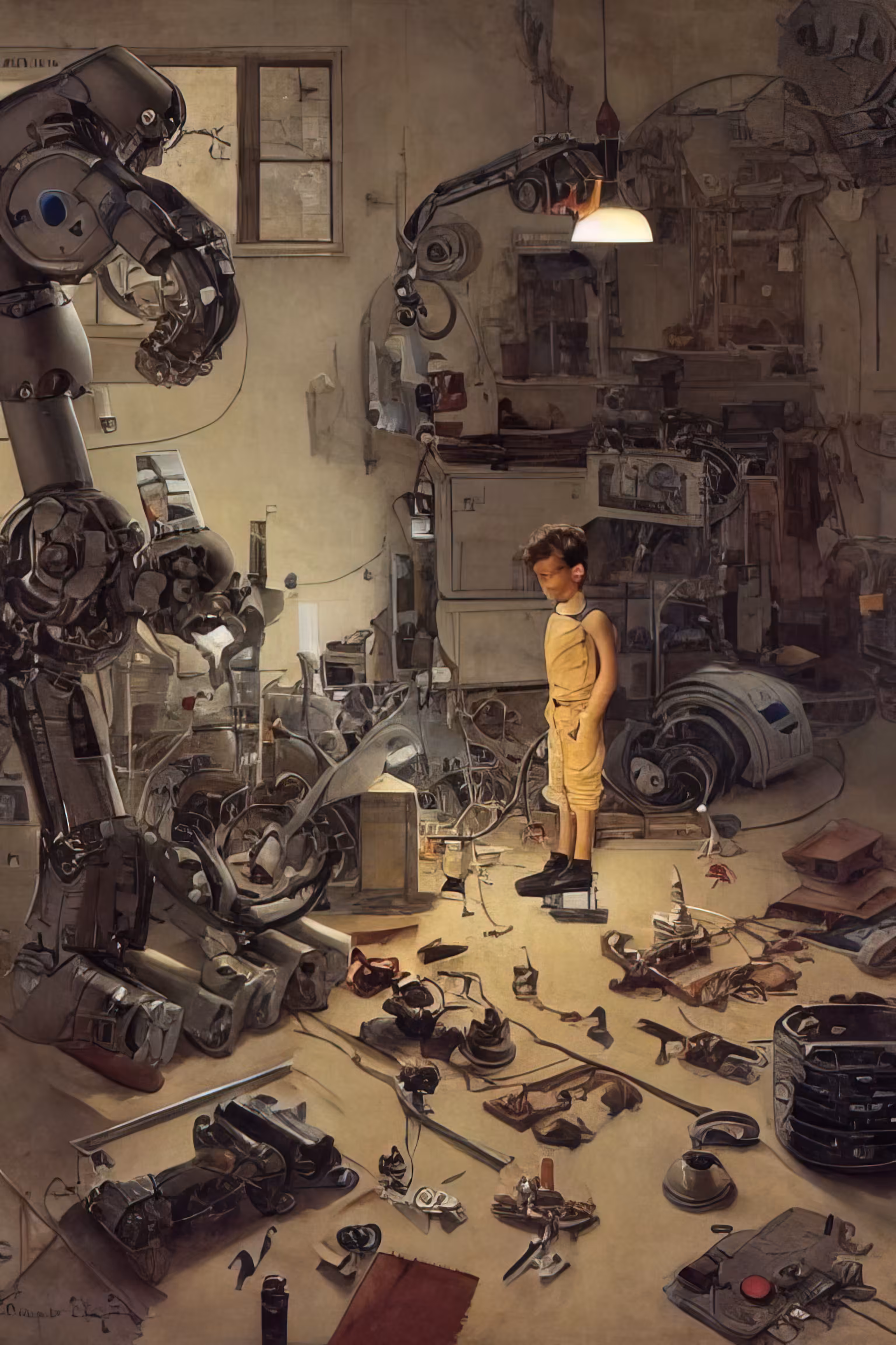 A boy fixing his robot