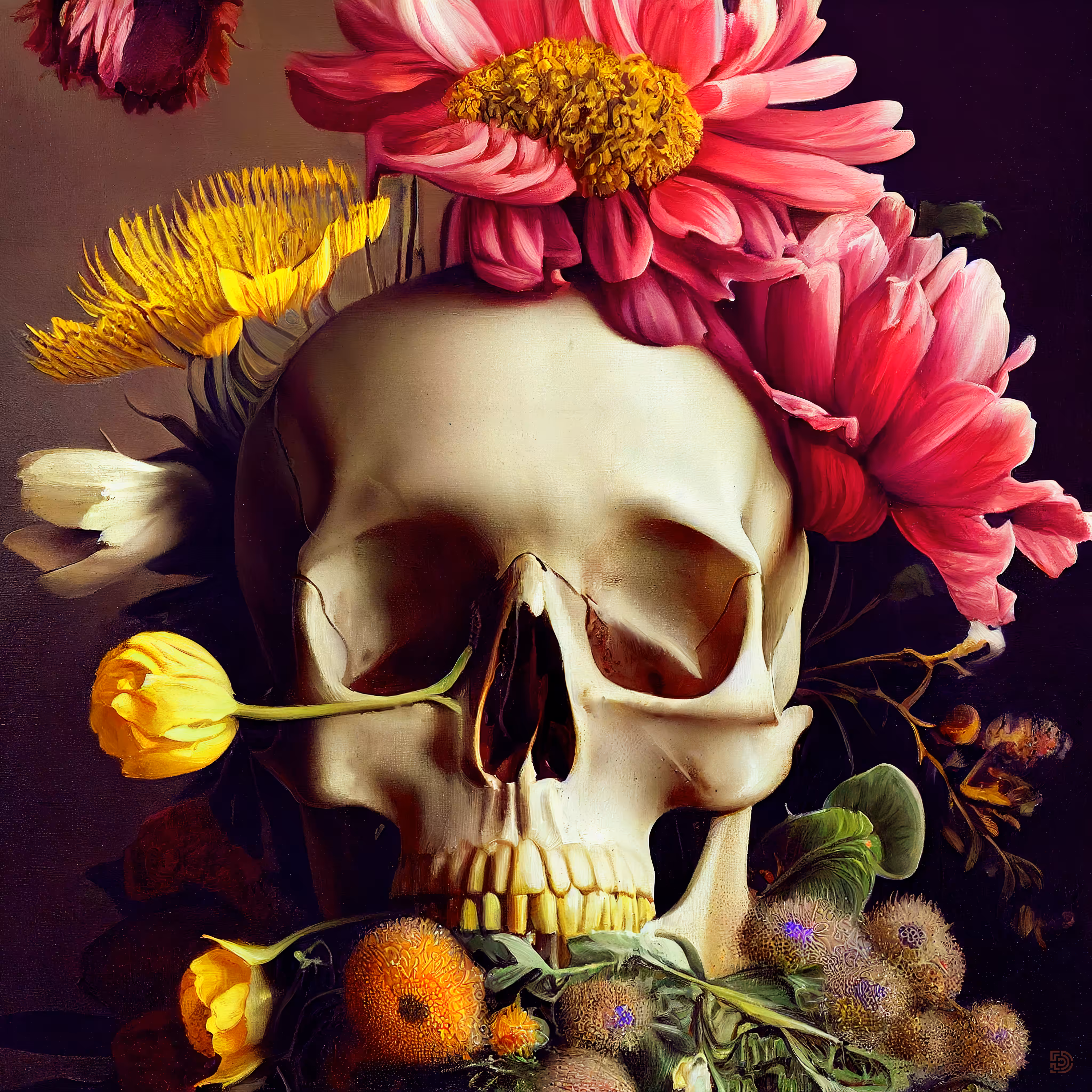 Forward facing human skull with an arrangement of wild flowers - 01