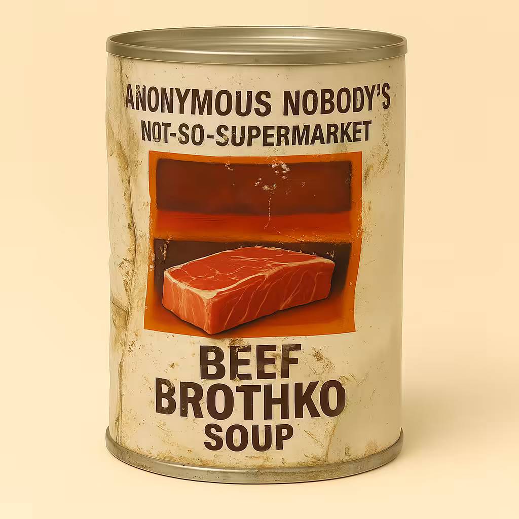 Anonymous Nobody’s Not-So-Supermarket Sale Rack: Beef Brothko Soup™️ (Damaged)