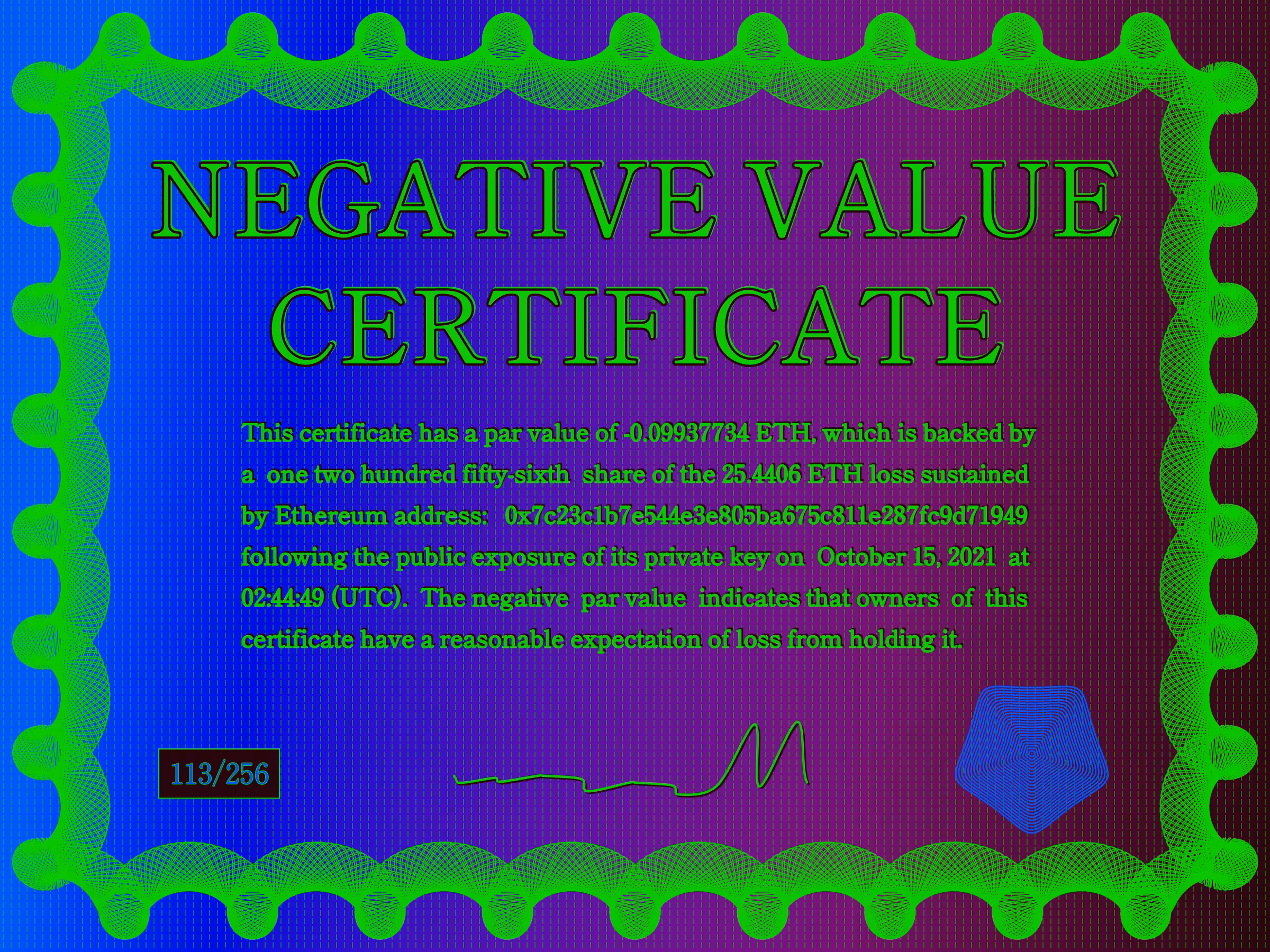 Negative Value Certificate #113 of 256