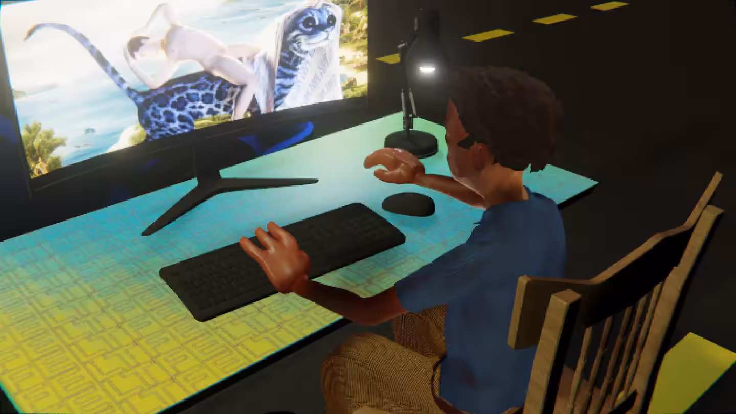Desktop #71: The Developer in the French Wood Chair With a Desk Lamp and a Kitty Monitor on a Green FELT Zine Table in The Streets