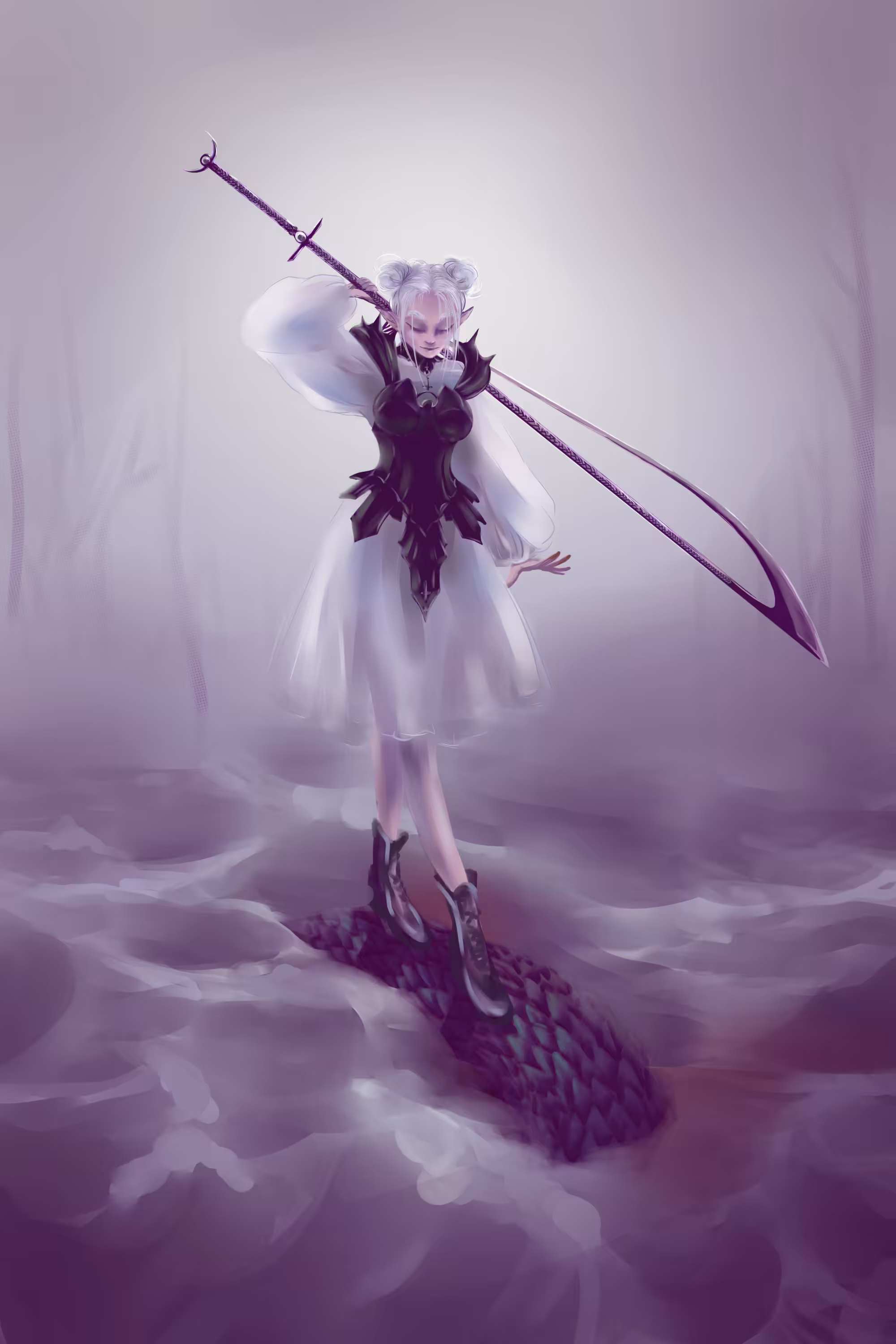 With her graceful sword!