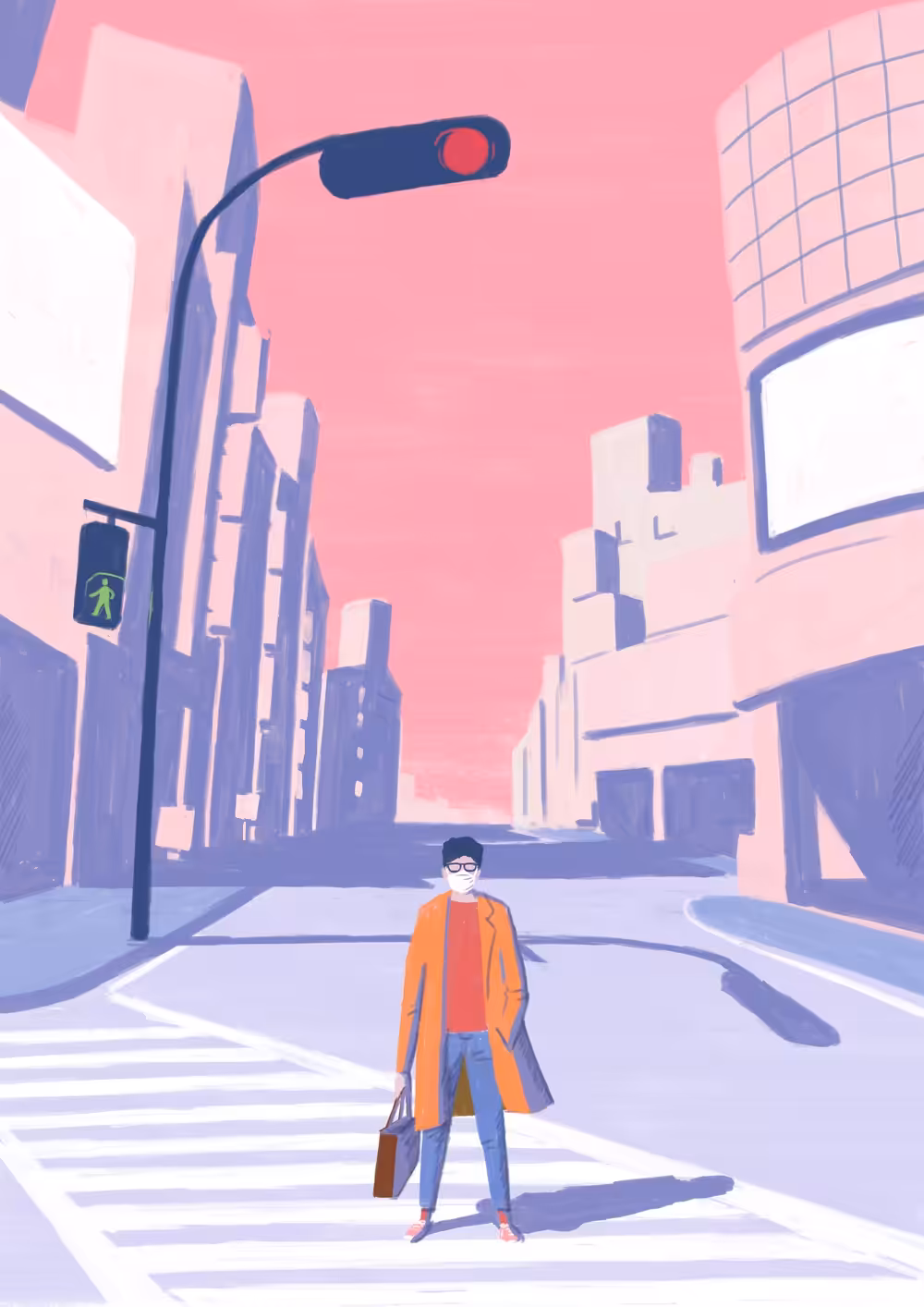 A man standing in the street wearing a mask.