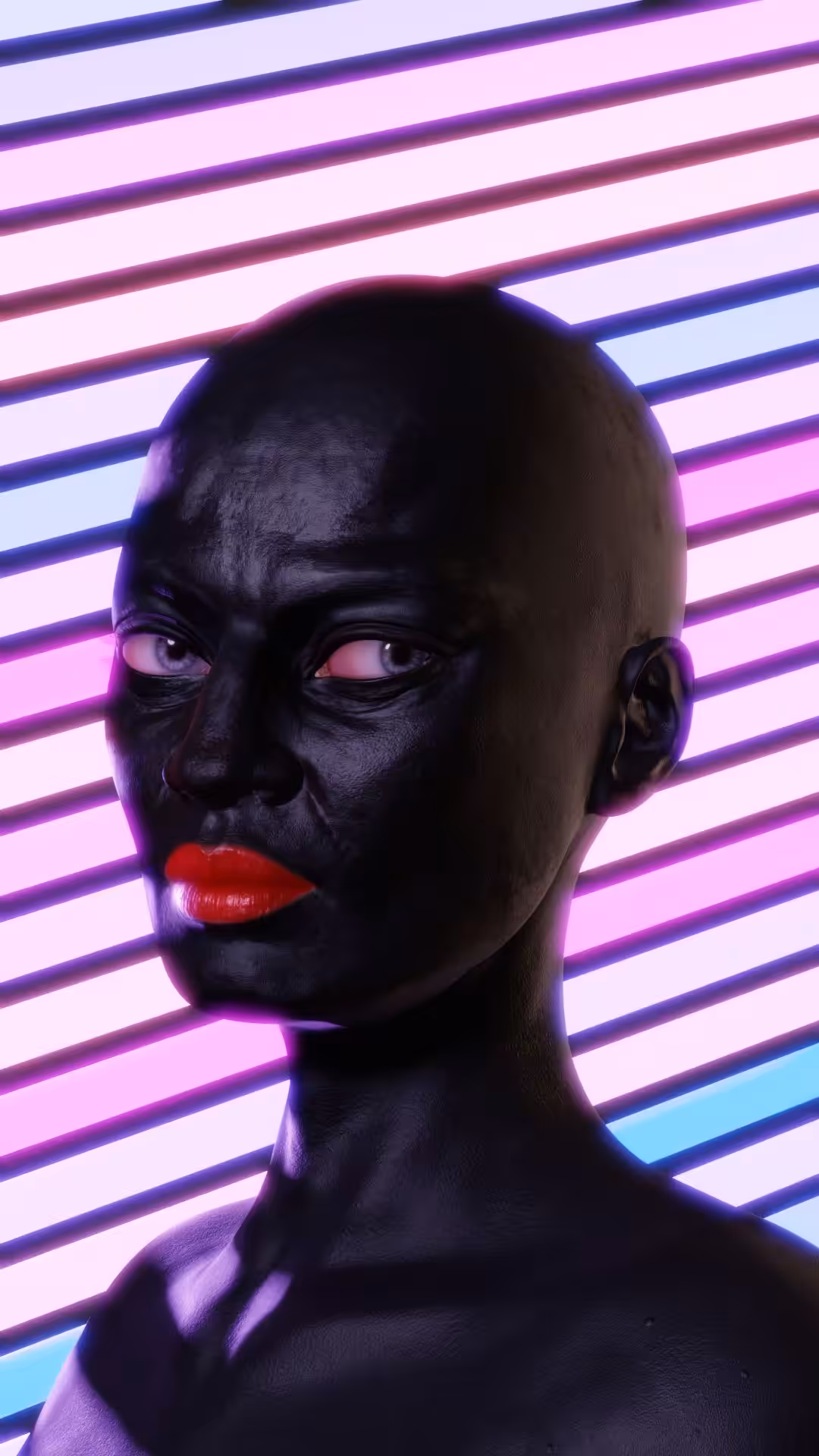 Mother looking at you against neon wall.