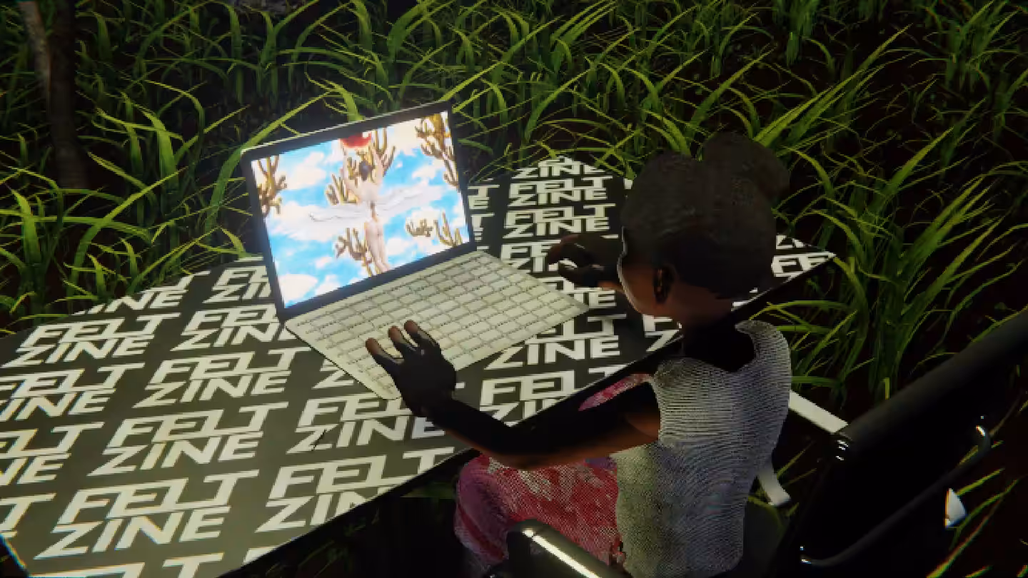 Desktop #216: The Military Brat in the Black Slim Chair With a Hanging Light and a Gardens Monitor on a Felt Zine Table in The Forest