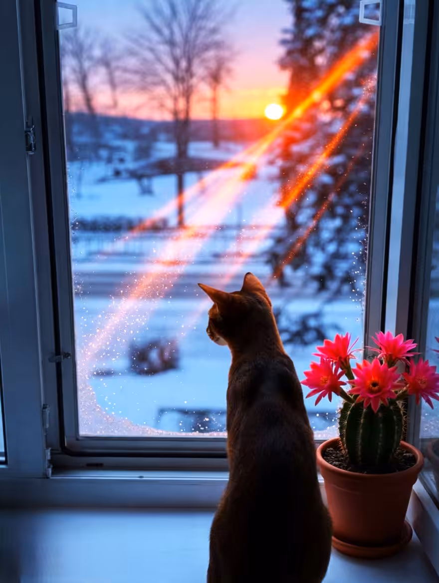 Cat. Window. Cactus