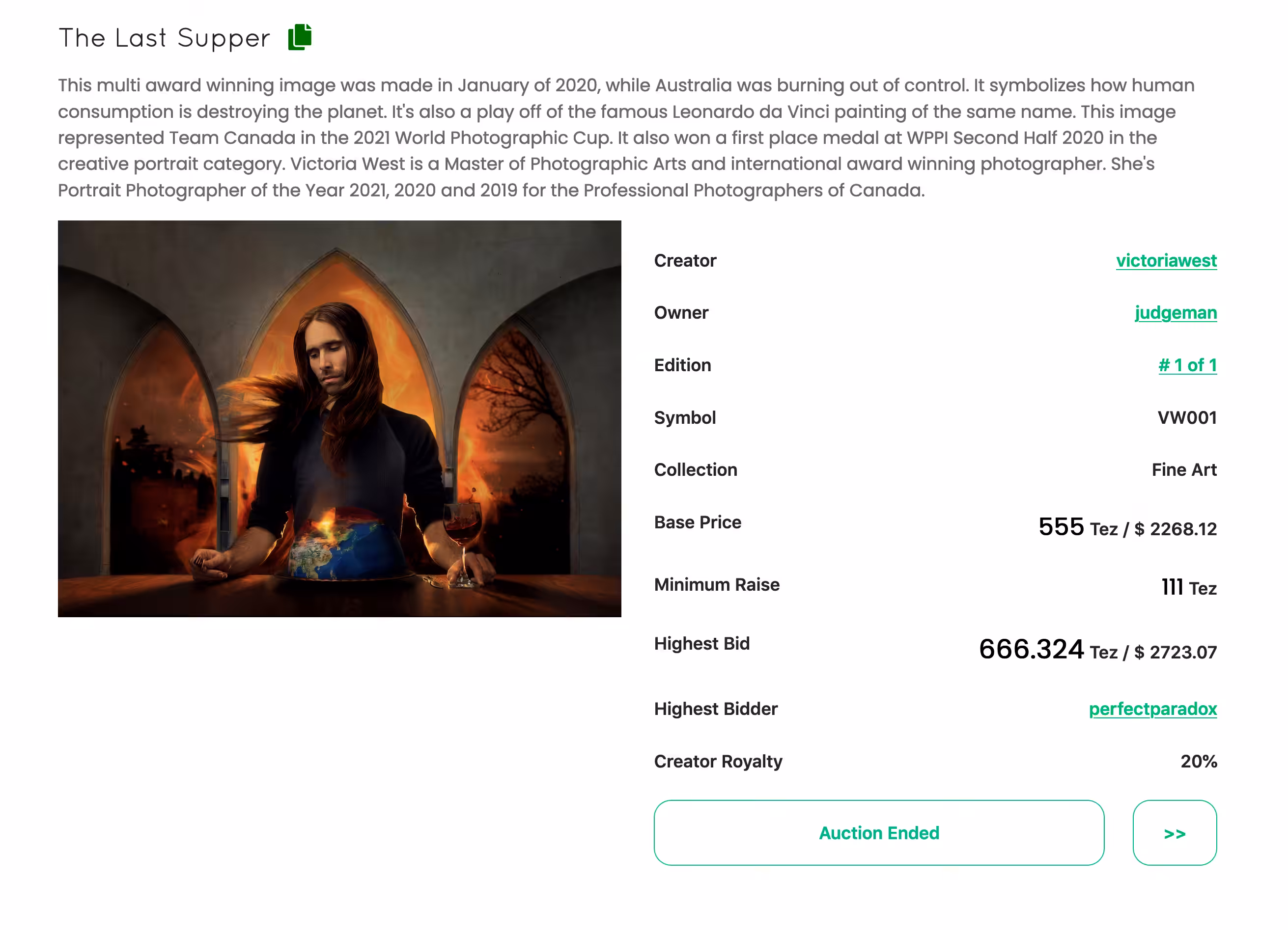 "The Last Supper" Kalamint Secondary Market Auction Screenshot