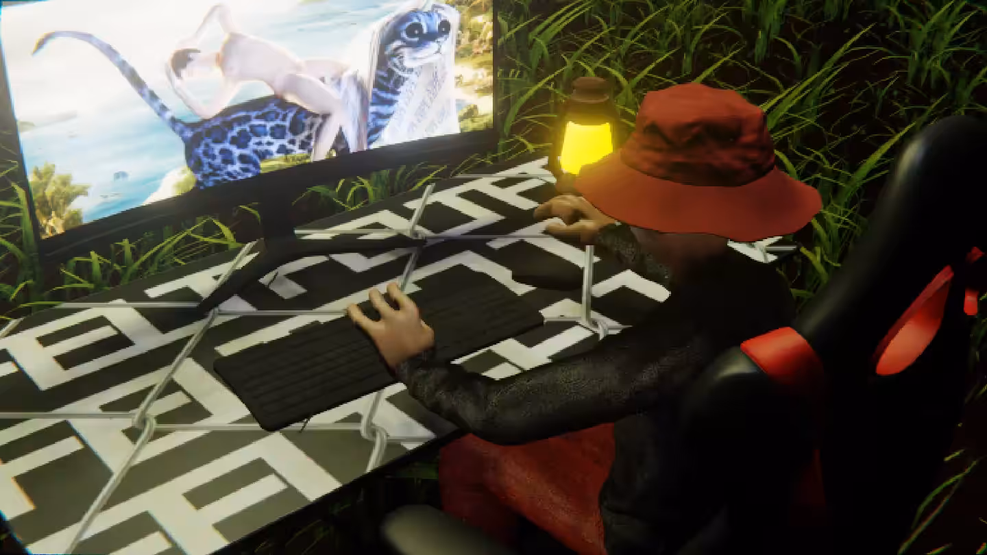 Desktop by Felt Zine: Desktop #5: The Hypebeast in the Gaming Chair With a Gas Lamp and a Kitty Monitor on a Barbed Wire Table in The Forest