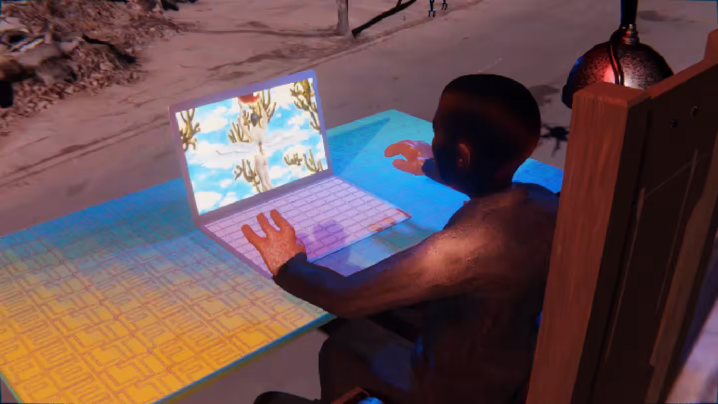 Desktop #256: The Business in the Electric Chair With a Drone and a Gardens Monitor on a Green FELT Zine Table in Conflict