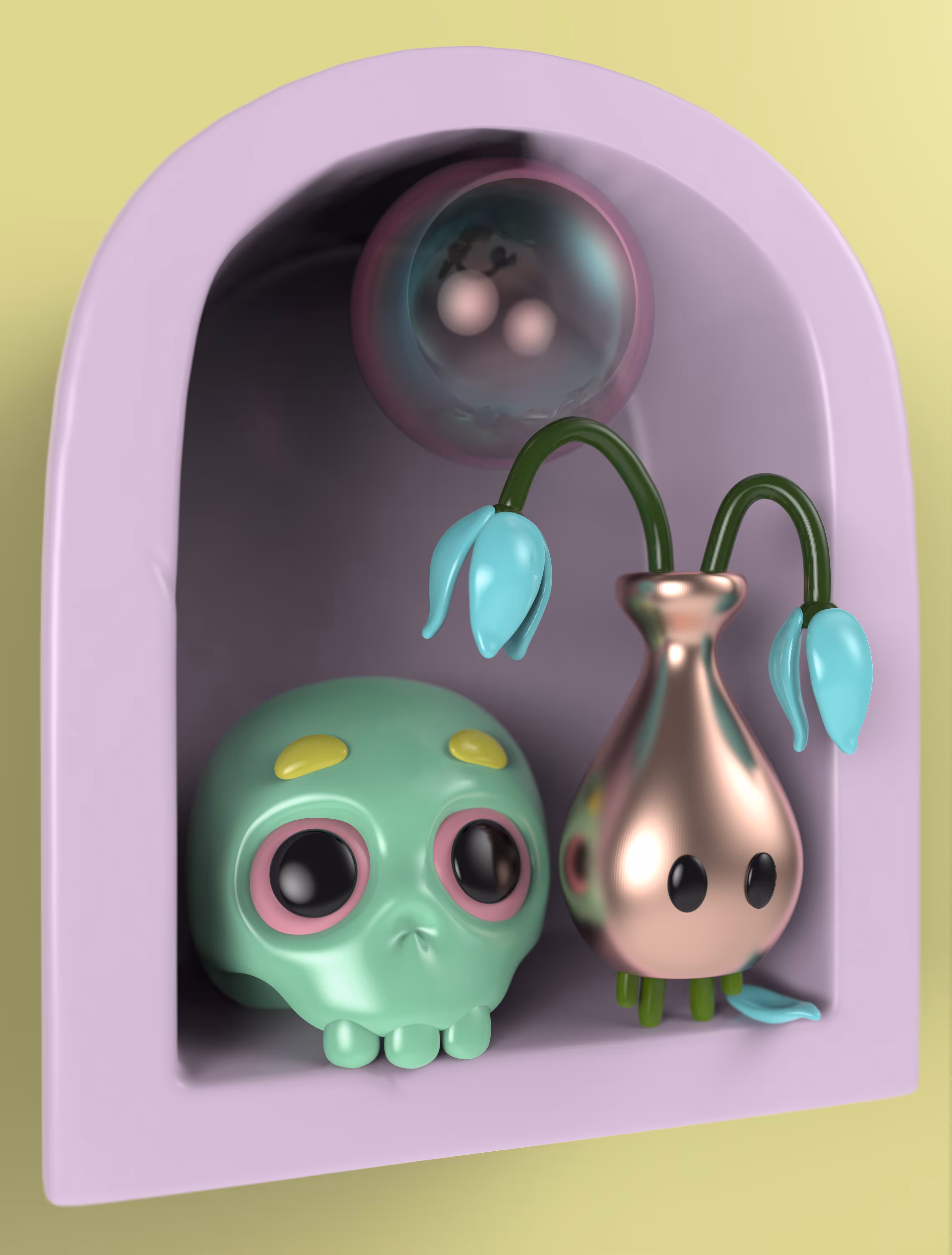 Vanitas with green skull and copper vase