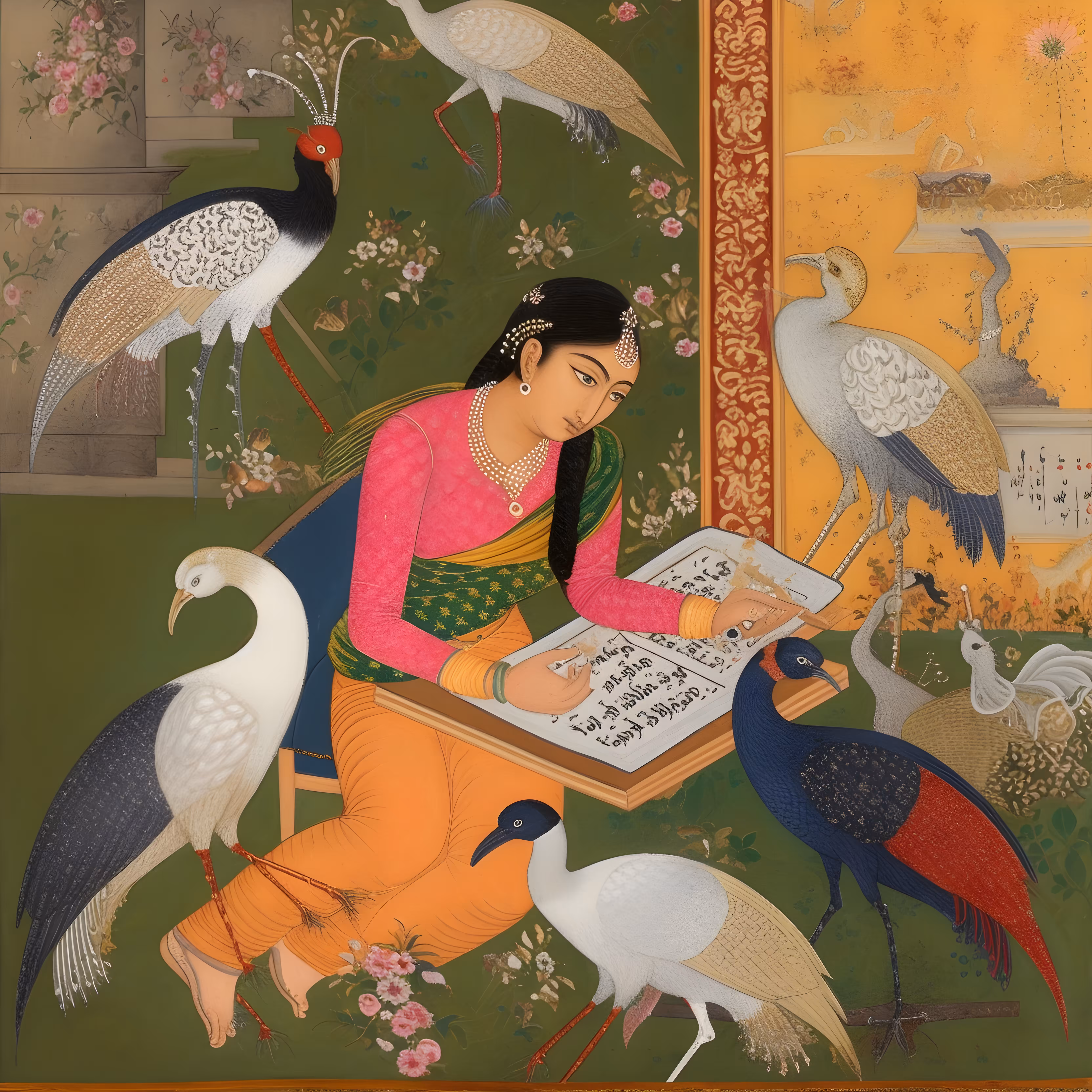 Woman writing with birds