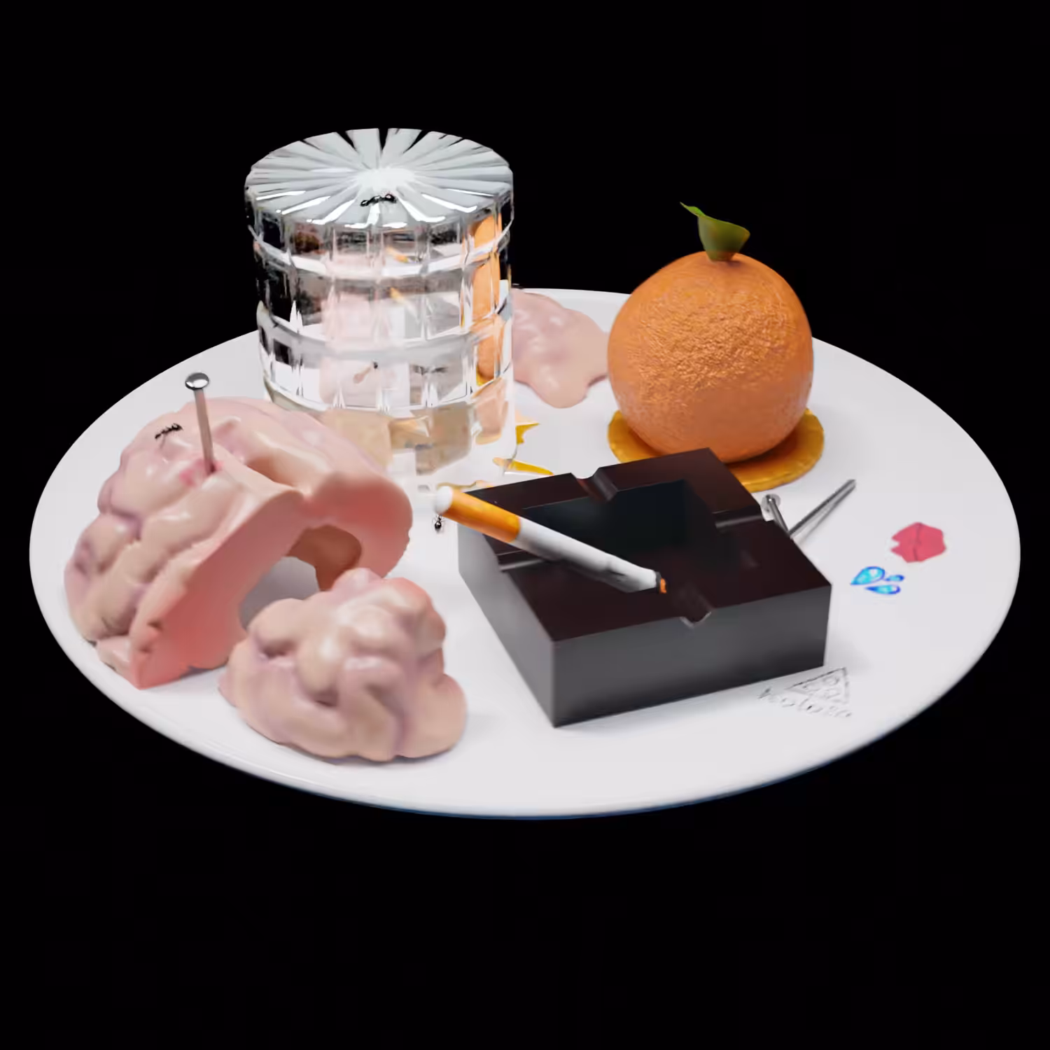 Sculpt plate "A plate with a glass of whiskey inside which ants have a cigarette and a nail in the brain" by Koloto
