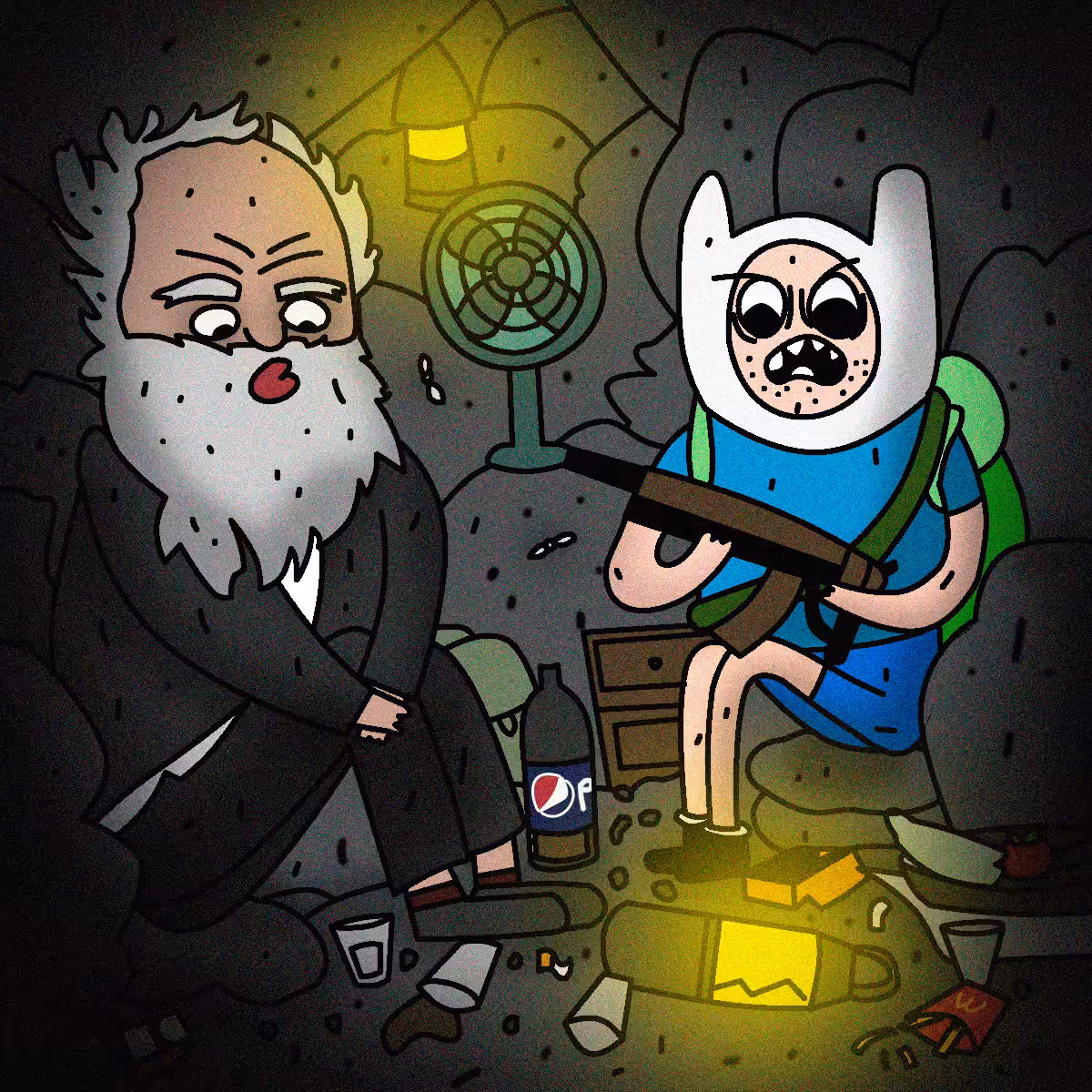Saddam Hussein and his beloved guard Finn hiding in cave