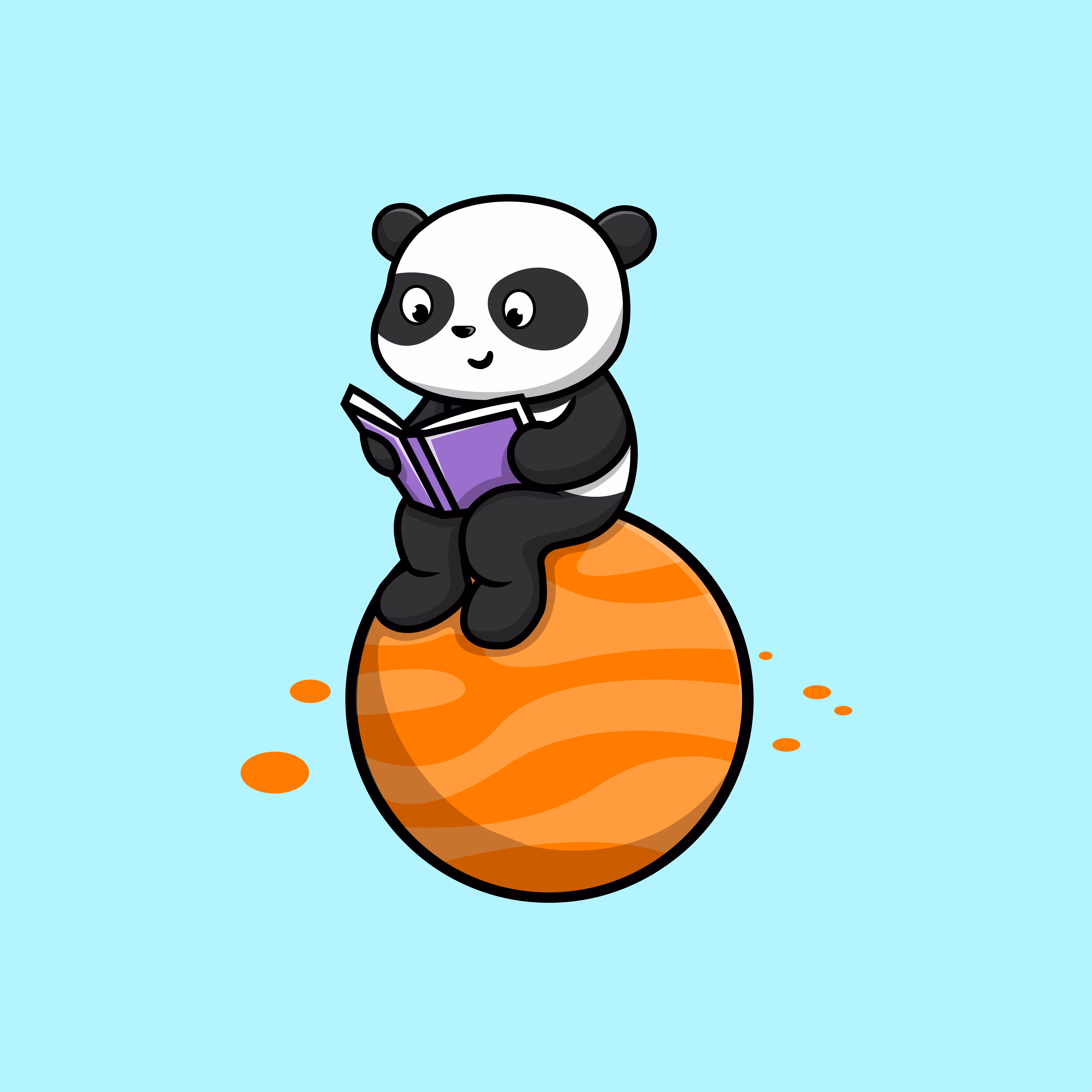 Cute Panda Reading Book On Planet