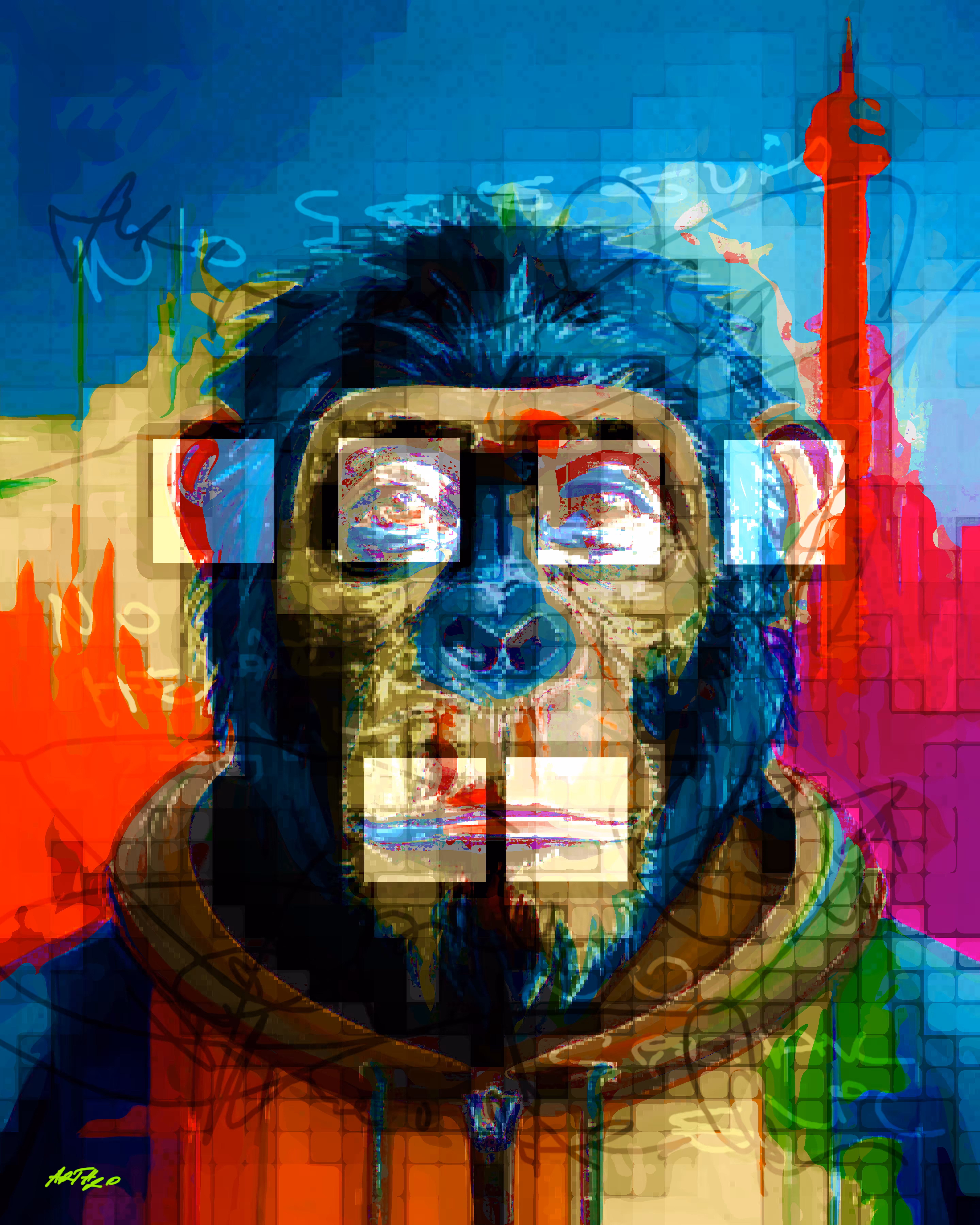 Big Red Three Wise Monkeys, Ethical Insights in Abstract Expressionism 20x25inch, 300dpi Printable ArtH2O Digital Art