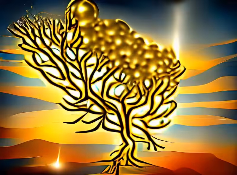 Abraham's First Works: Sunrise between a silver tree and a golden tree