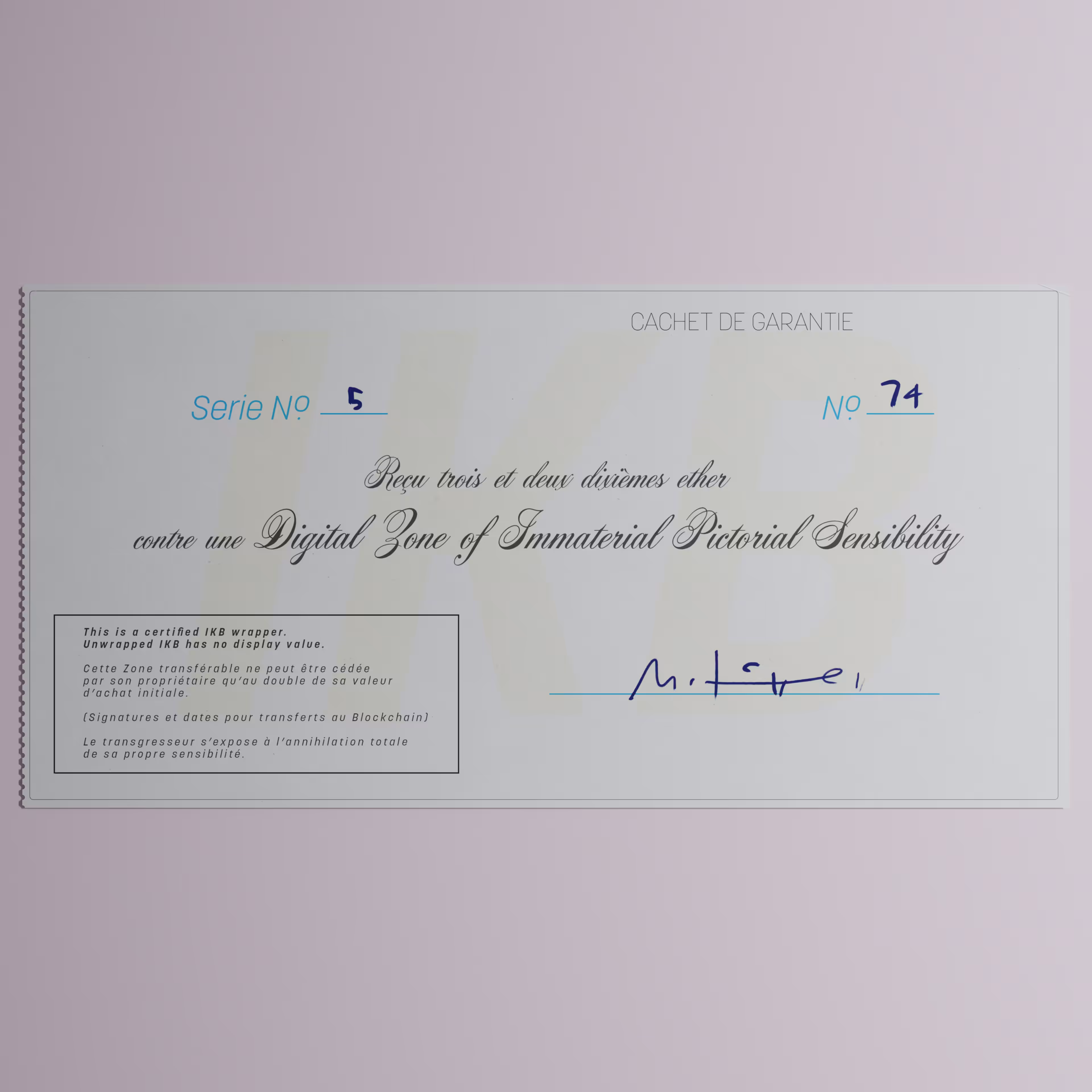 Digital Zone of Immaterial Pictorial Sensibility, Series 5, Edition 74. (Wrapped)