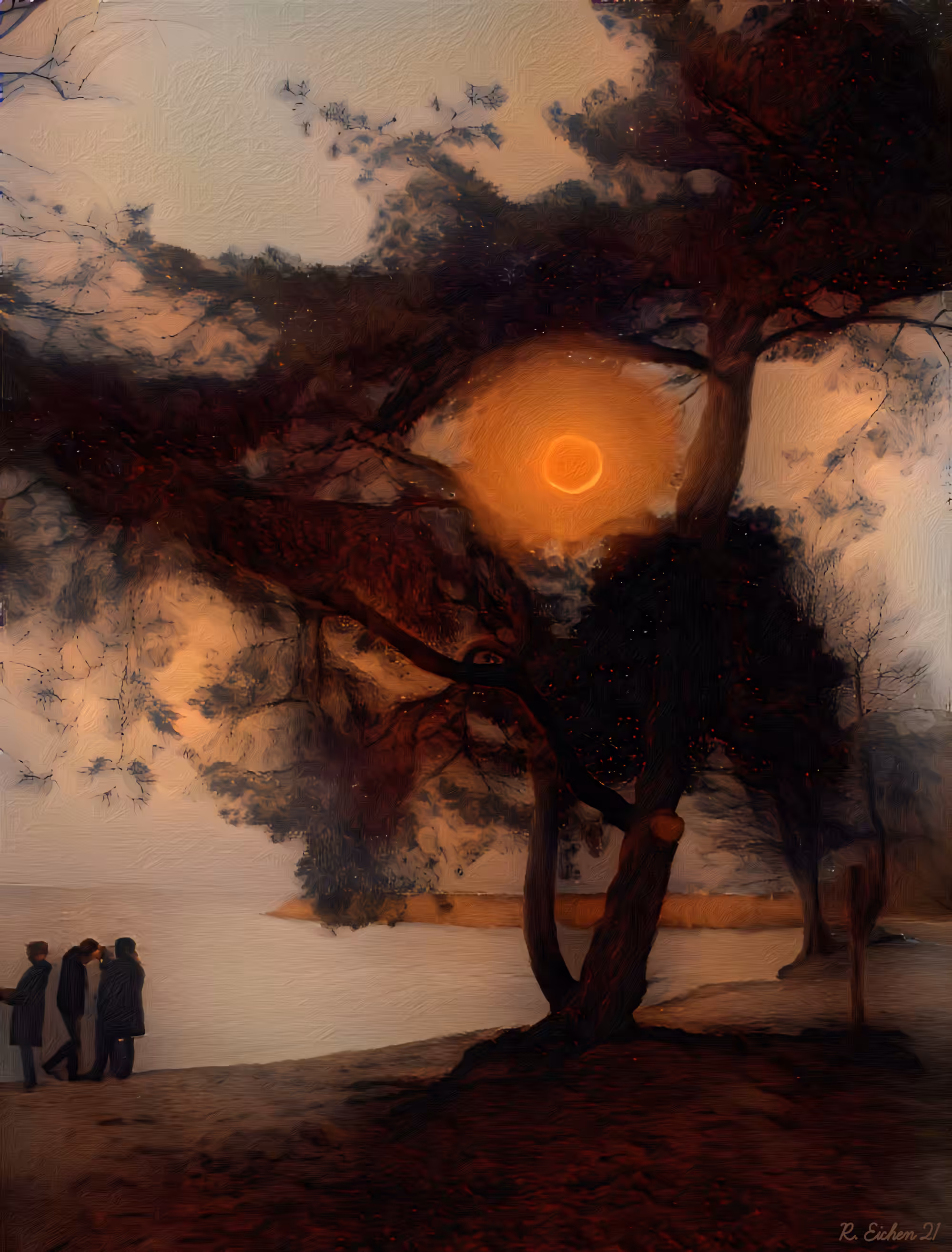 Four people looking at the moon
