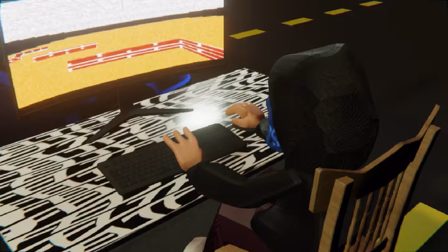 Desktop #97: The Hacker in the French Wood Chair With a Hanging Light and a Maze Monitor on a Pattern Table in The Streets