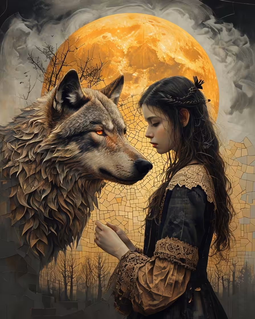 Surreal Digital Painting of Woman with Wolf in Mosaic Style