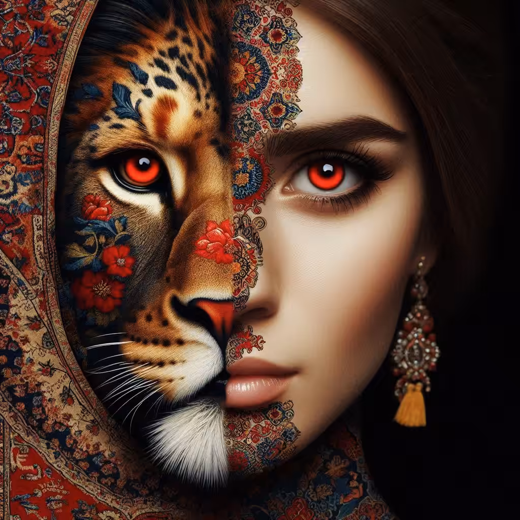 persian woman and lion