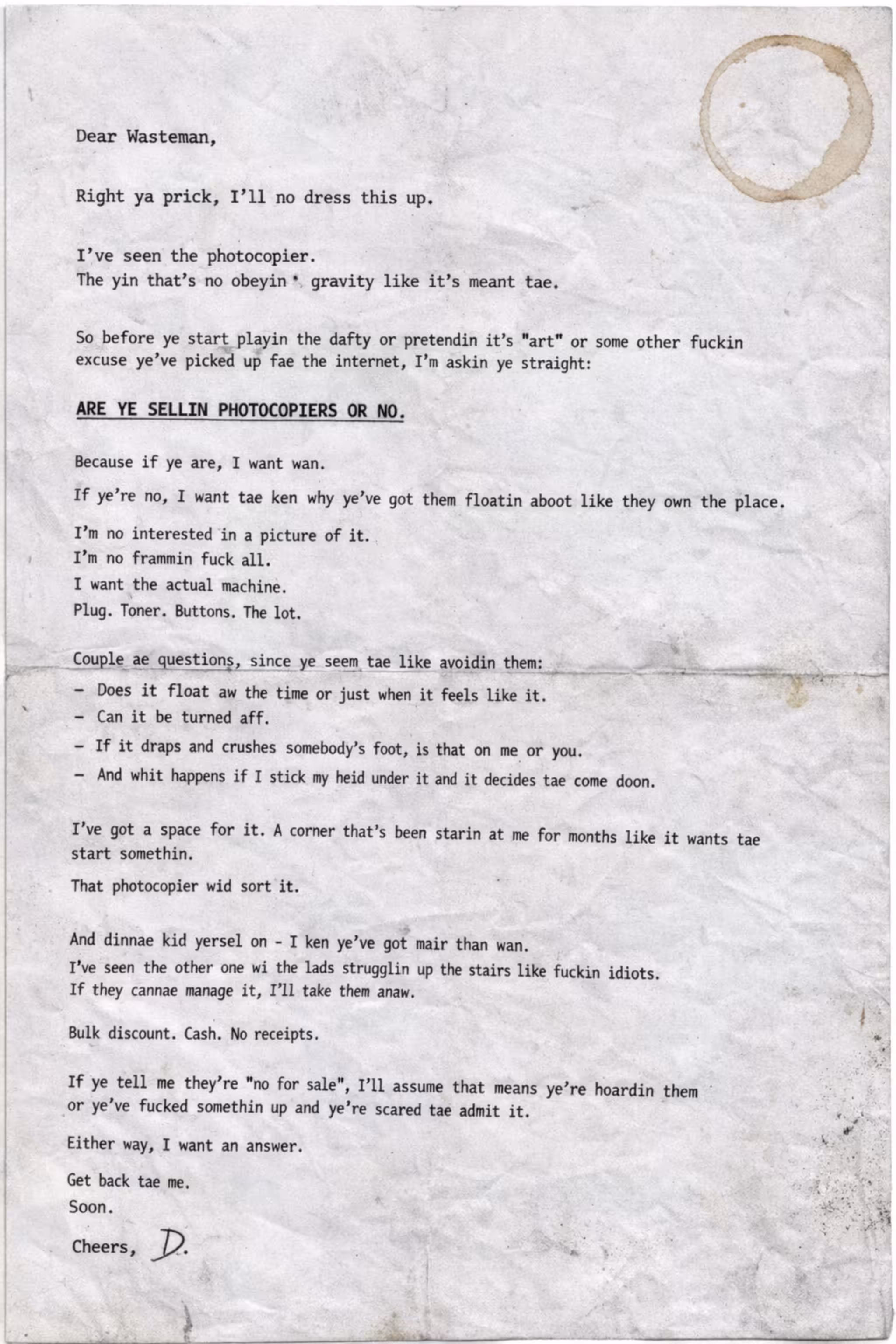 Dear Wasteman (Incoming Correspondence #1)