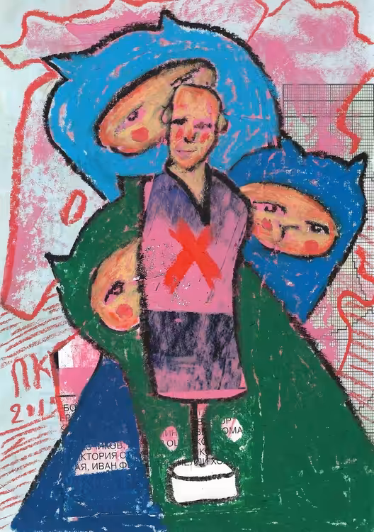 Three cat men and mannequin.