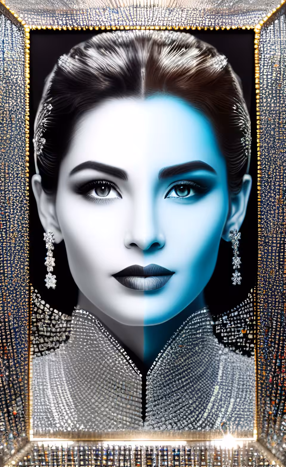 Portrait of gorgeous woman inlaid with diamond motifs