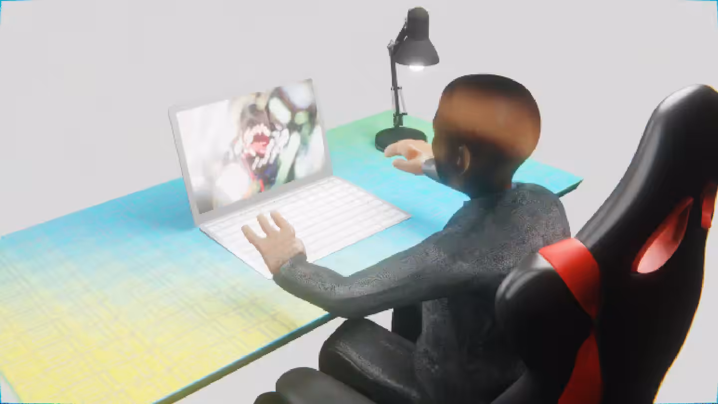 Desktop by Felt Zine: Desktop #42: The Business in the Gaming Chair With a Desk Lamp and a Algo Lite Macbook on a Green FELT Zine Table in The Void