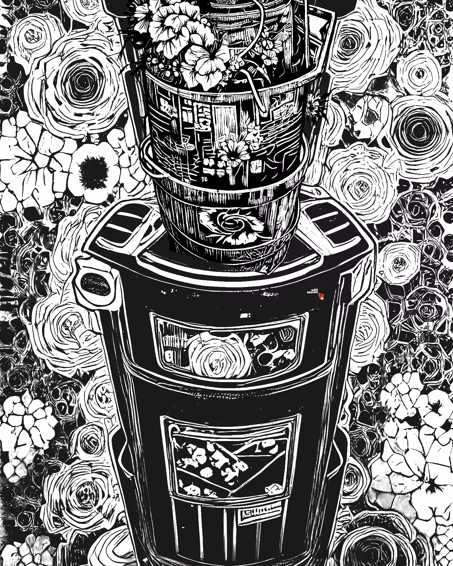 Engraving of two garbage cans full of artificial flowers II