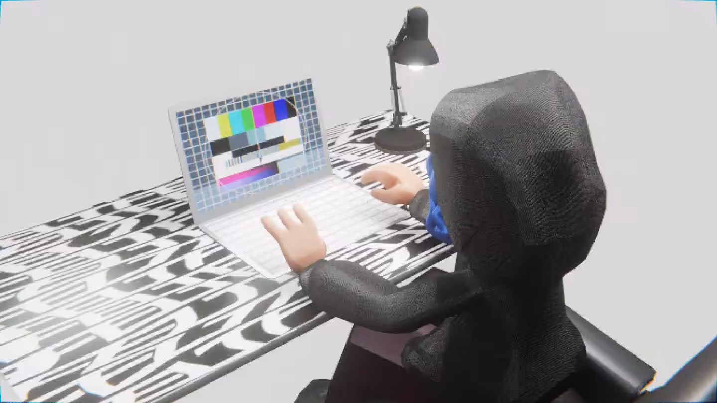 Desktop #43: The Hacker in the Eames Chair With a Desk Lamp and a Please Stand By Monitor on a Pattern Table in The Void
