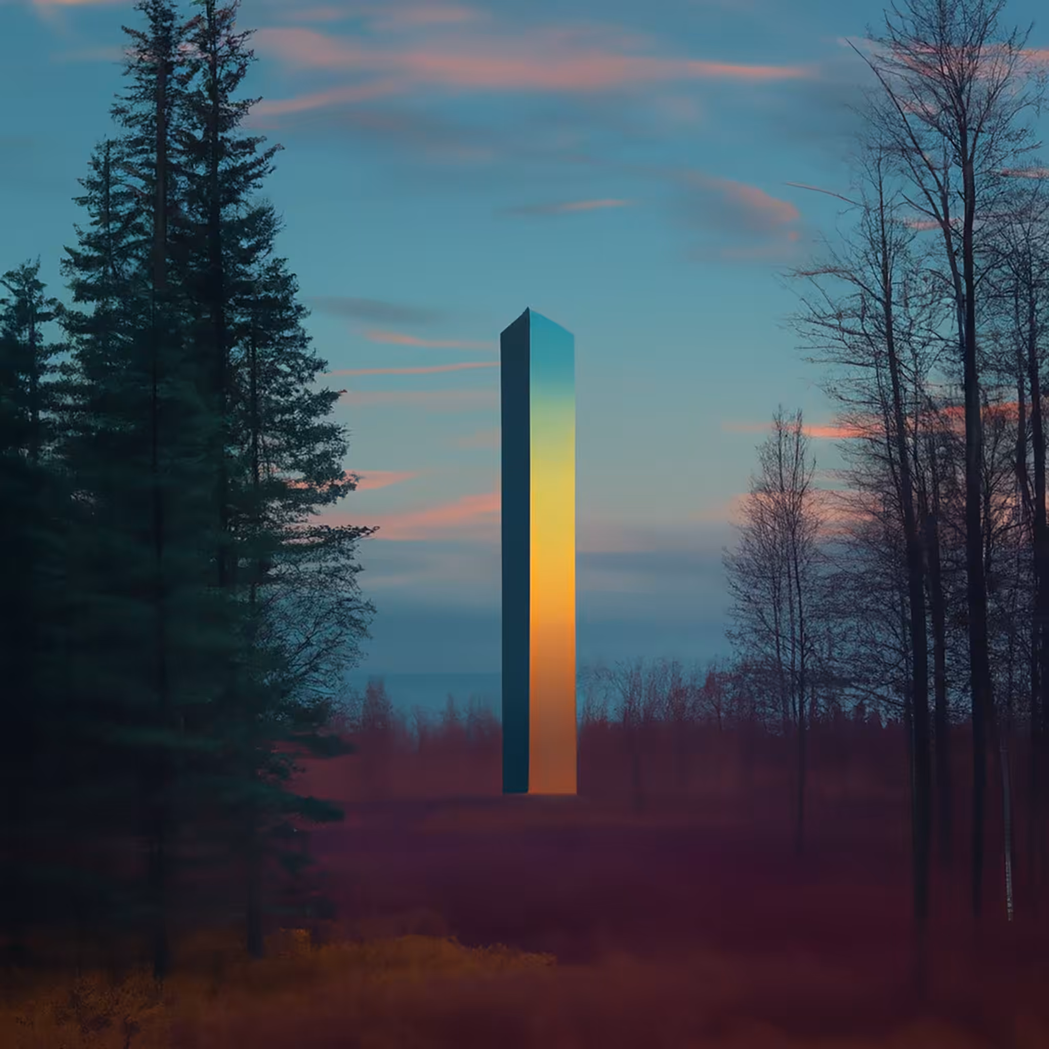 A monolith in a birch forest clearing