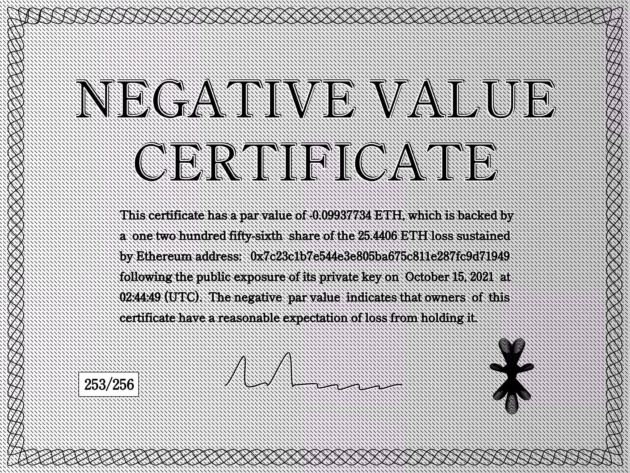 Negative Value Certificate #253 of 256