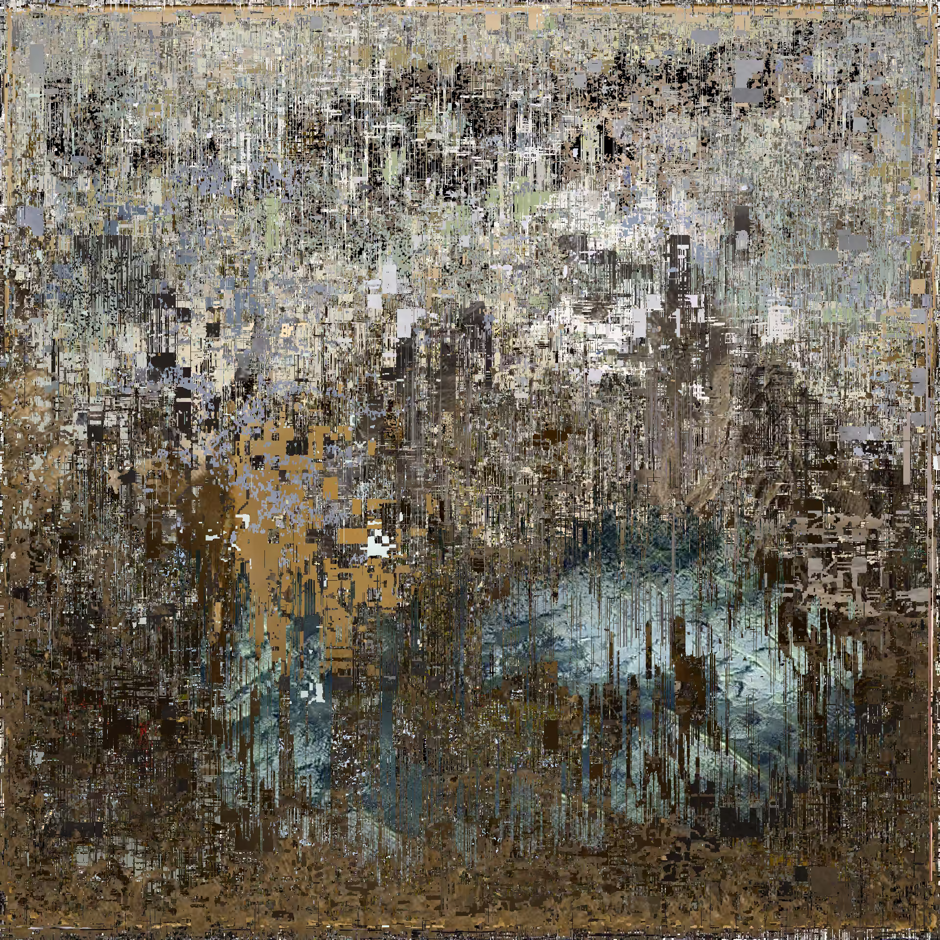 p(AI)saj-e. A black and nuts up dirt mountain at a grassy plain with a small water and a lake