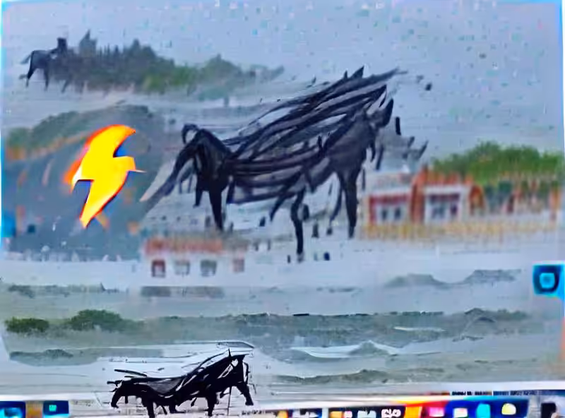 Abraham's First Works: A black horse rides across the beach while lightning strikes in the background
