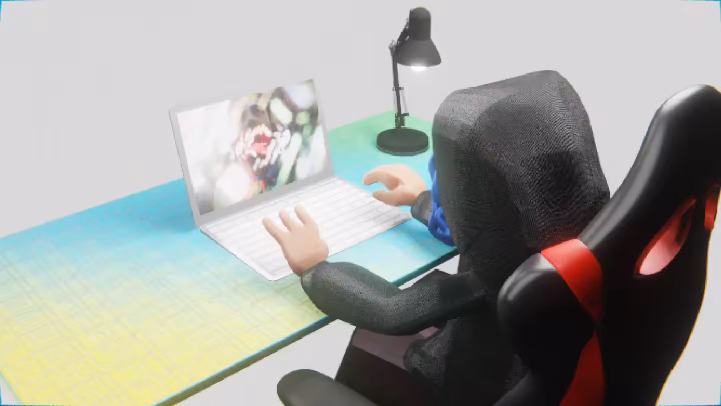 Desktop #35: The Hacker in the Gaming Chair With a Desk Lamp and a Algo Lite Macbook on a Green FELT Zine Table in The Void