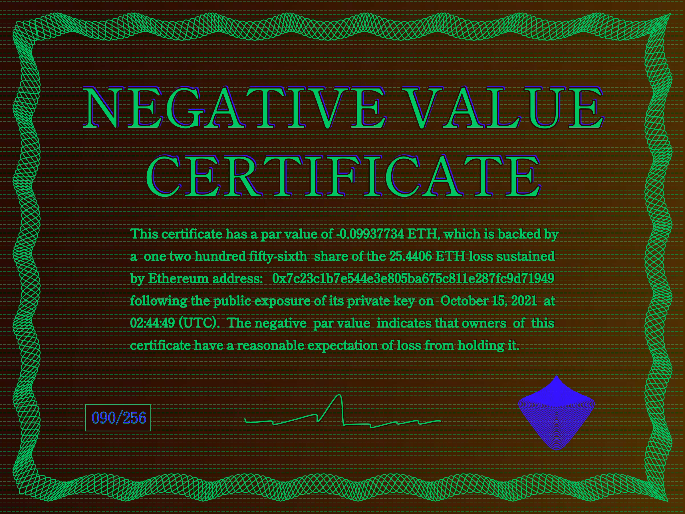 Negative Value Certificate #90 of 256