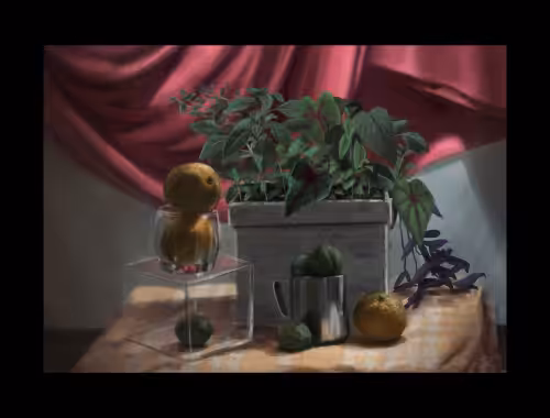 Timelapse of "Still Life with lemons, oranges, Caladium and Purple Heart plants"