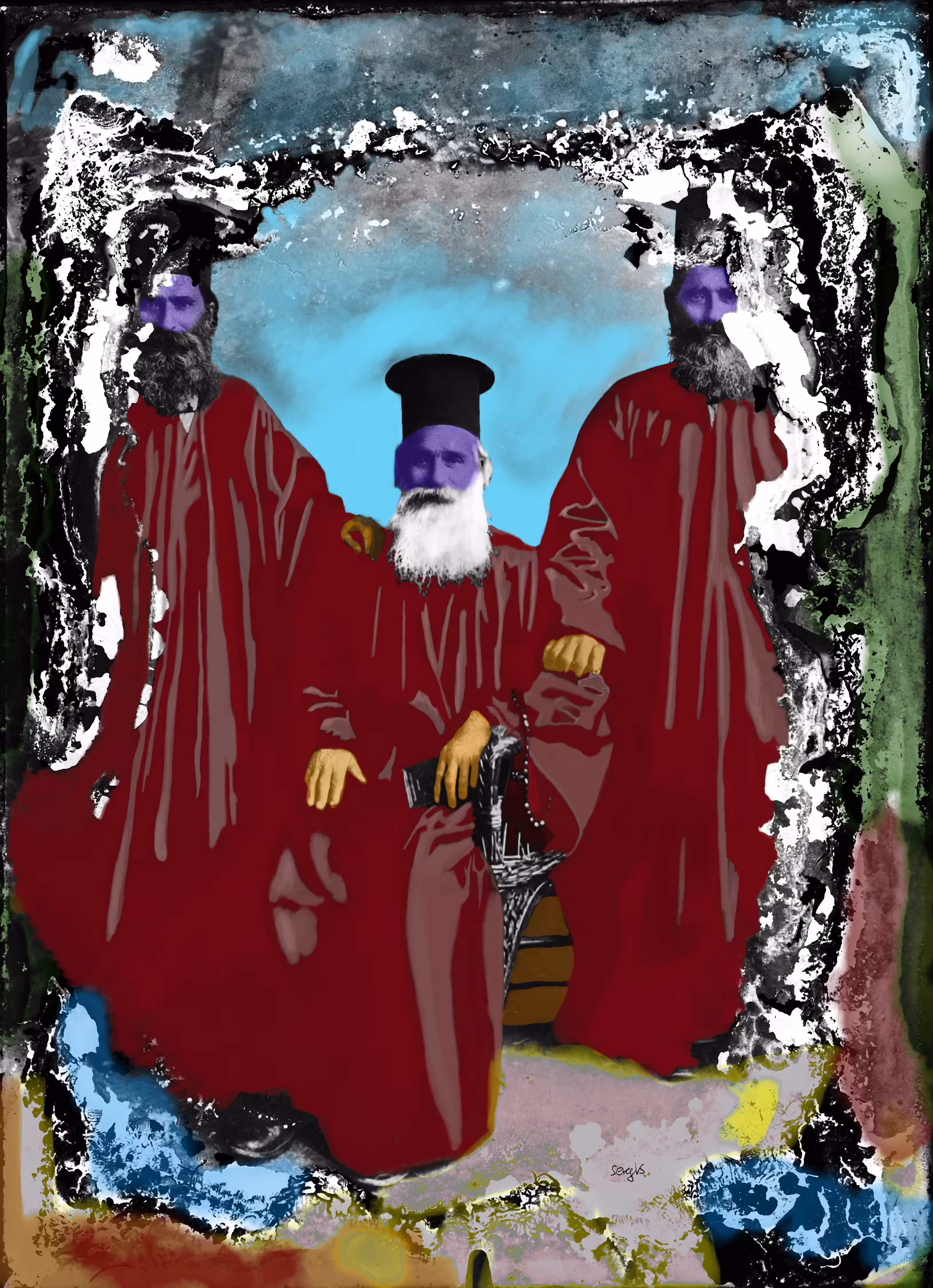 Greek Orthodox Priests Trapped in an Colorful Deteriorated Composition 