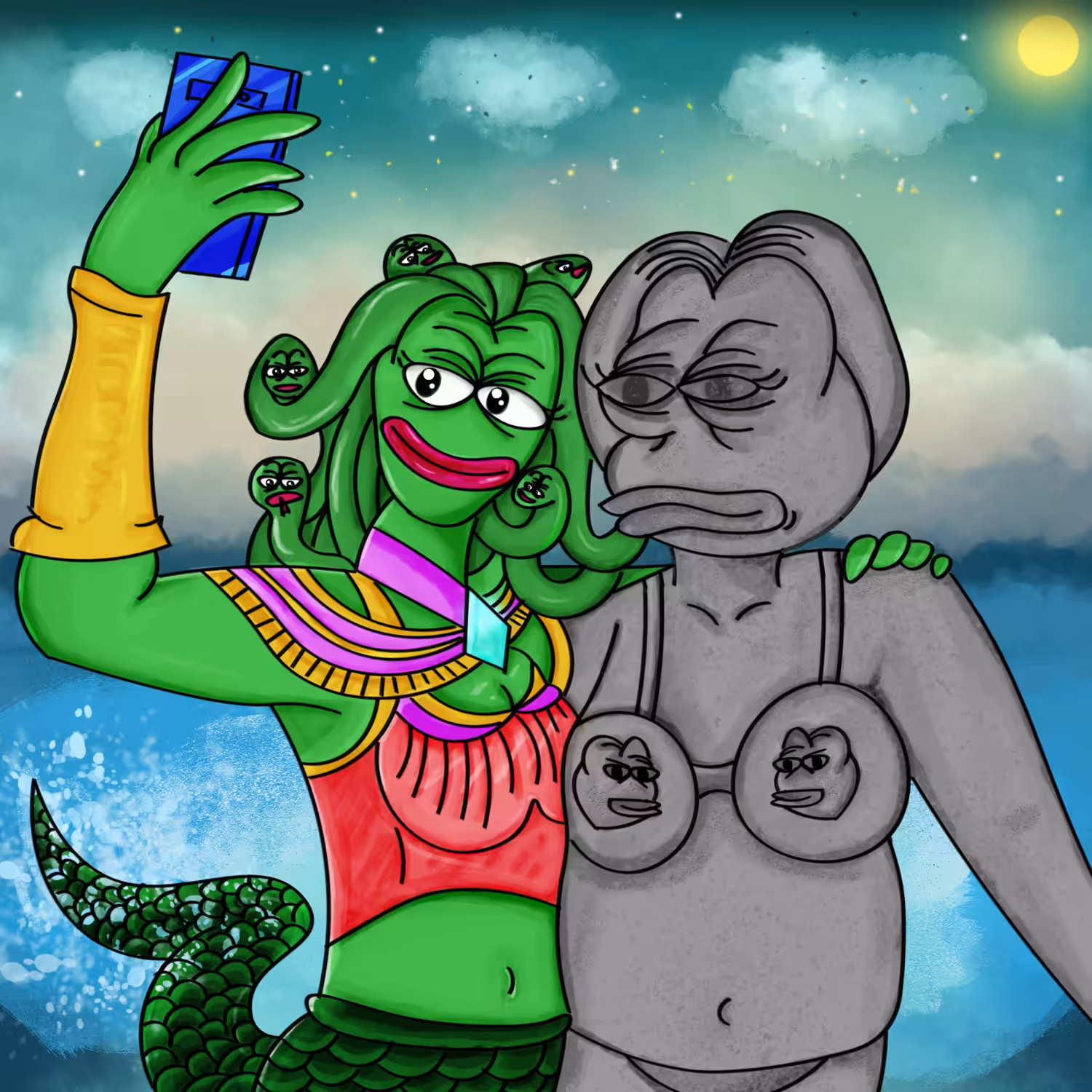 Medusa selfie with cursed Pepe
