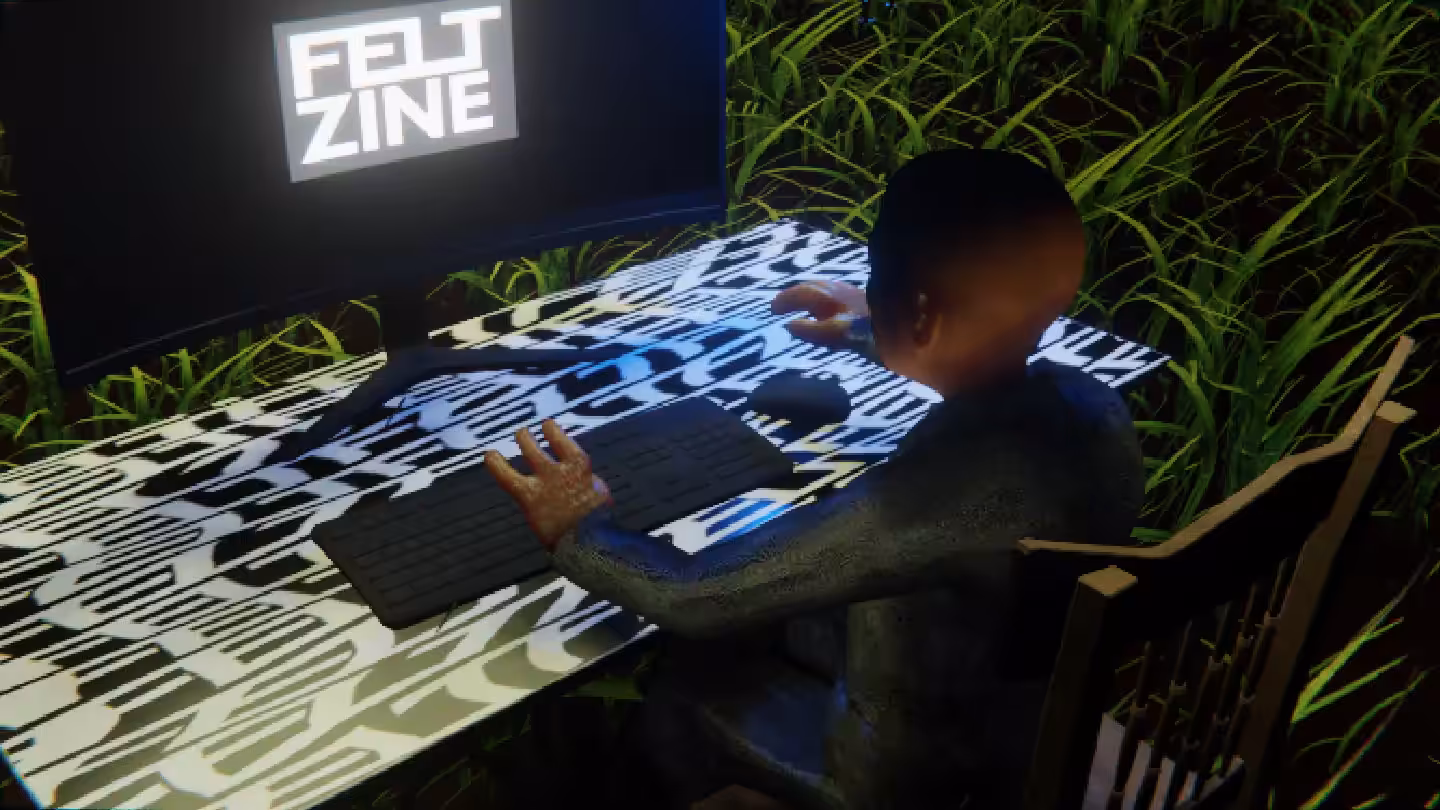 Desktop by Felt Zine: Desktop #220: The Business in the French Wood Chair With a Drone and a Old School Monitor on a Pattern Table in The Forest
