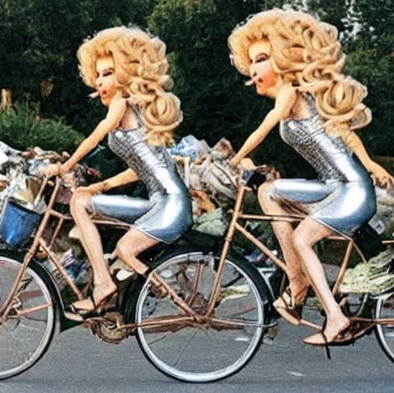 Blonde Twins on Bikes Alongside Trash Piles