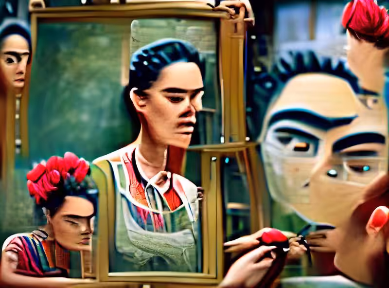 FRIDA KAHLO paints a self-portrait in a mirror